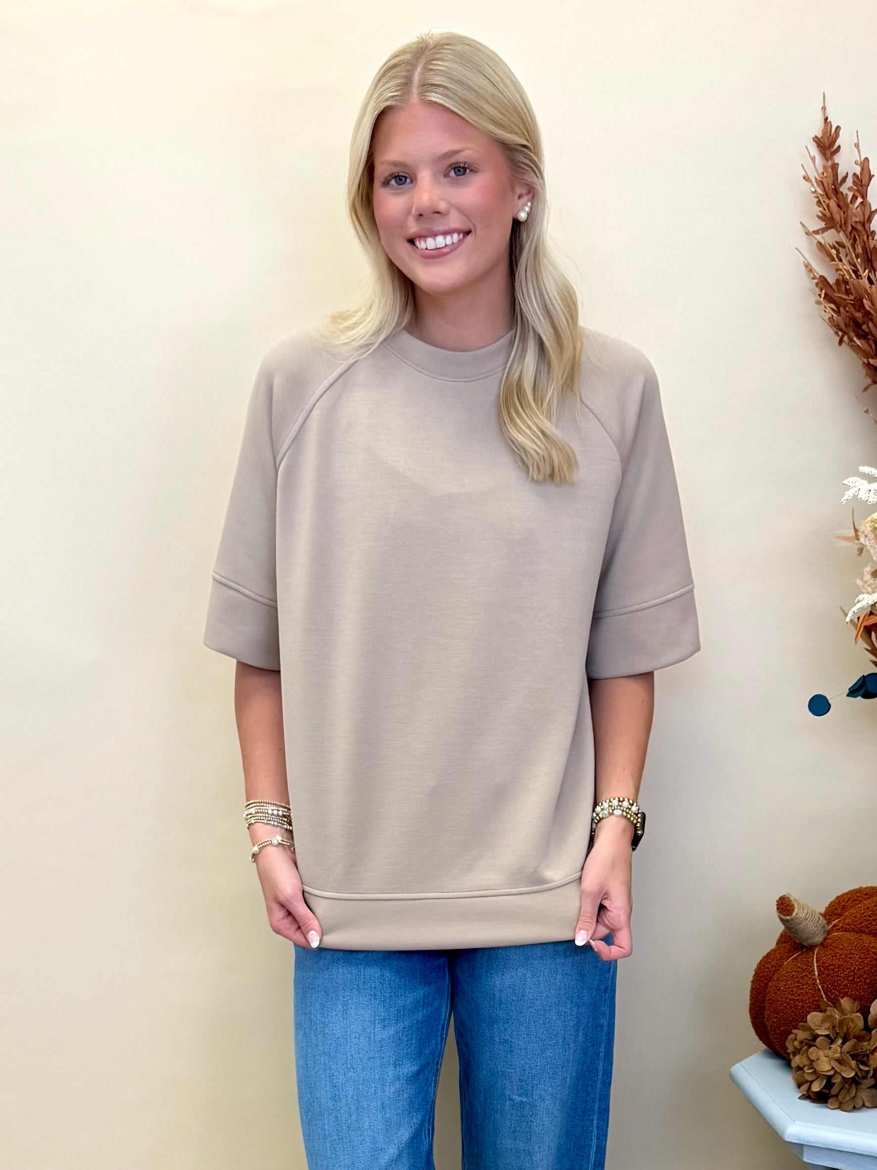 Never Better Taupe Round Neck Top-Shop-Womens-Boutique-Clothing