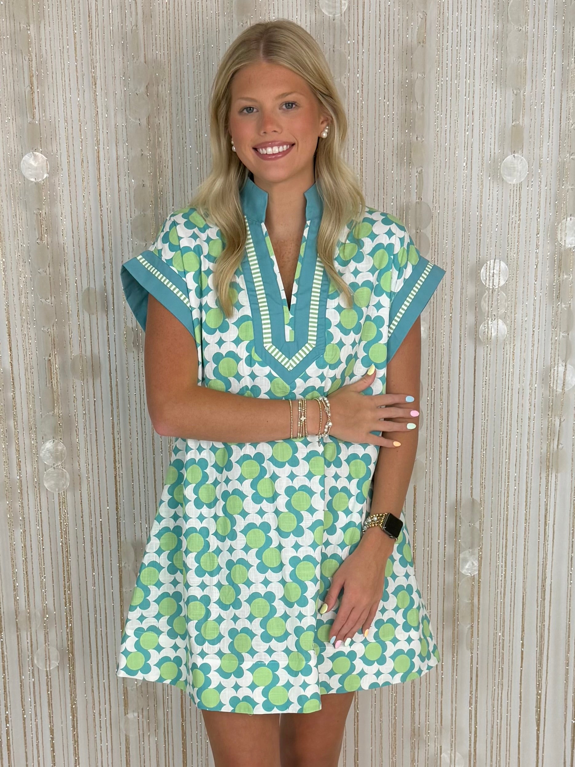 Lovely Horizon Light Slate Print V Neck Dress-Shop-Womens-Boutique-Clothing