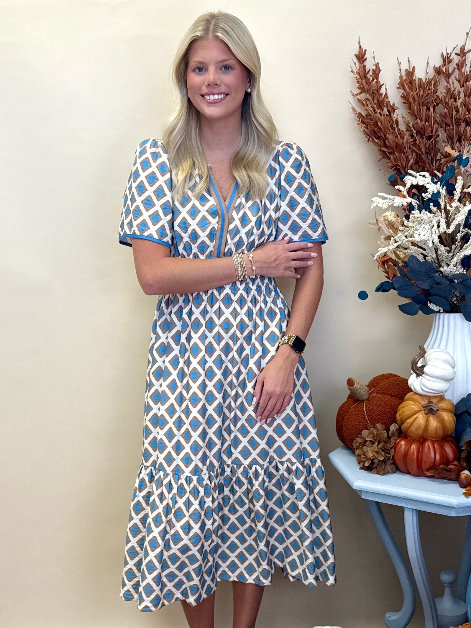 Softly Styled Taupe/Blue Geometric Midi Dress-Shop-Womens-Boutique-Clothing