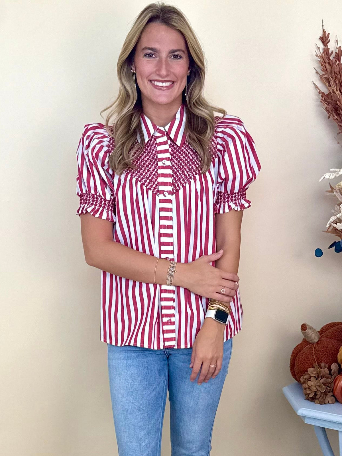 Effortless Energy Red Striped Smocked Top-Shop-Womens-Boutique-Clothing