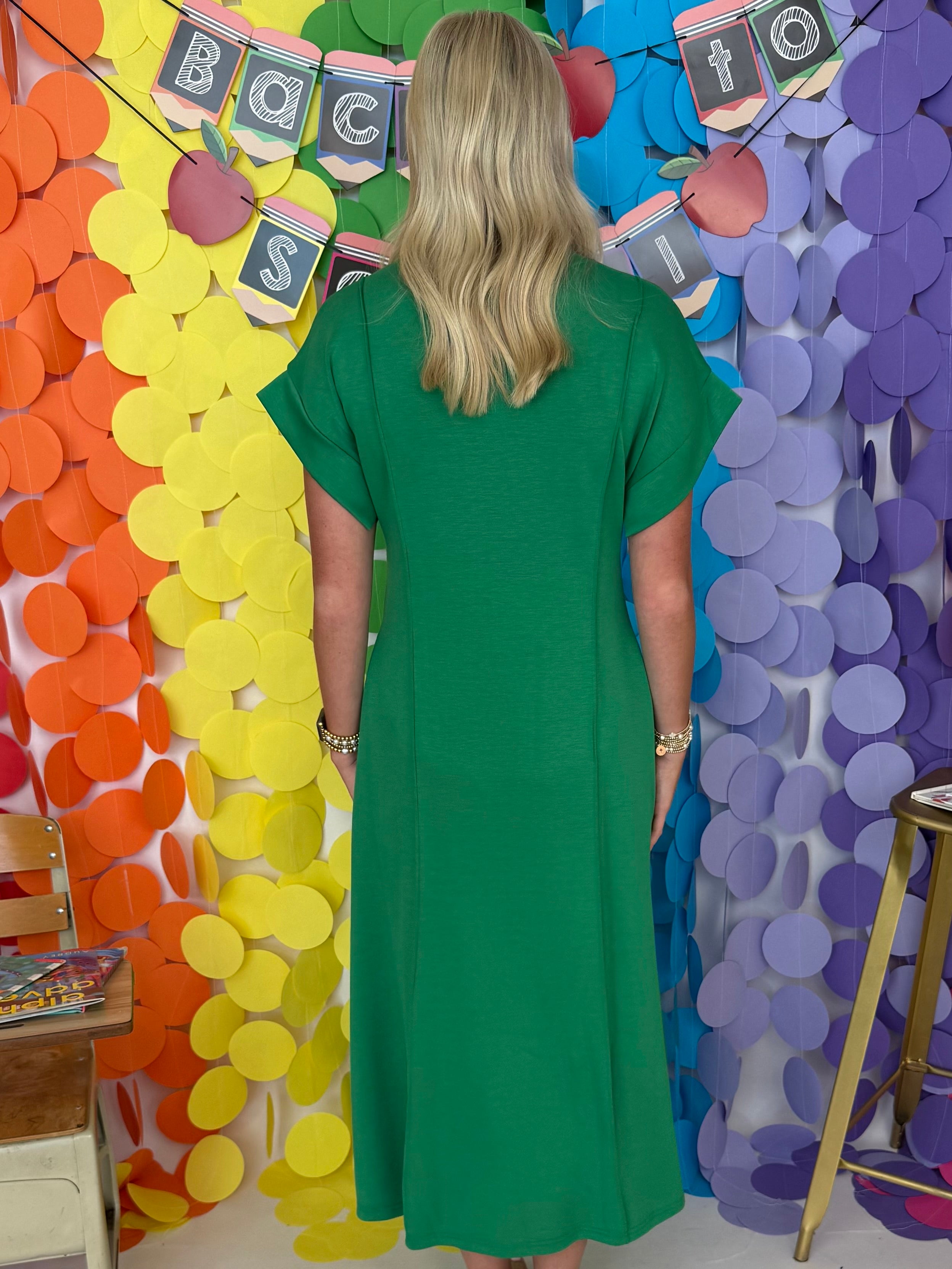 After Hours Green Paneled Seam Midi Dress-Shop-Womens-Boutique-Clothing