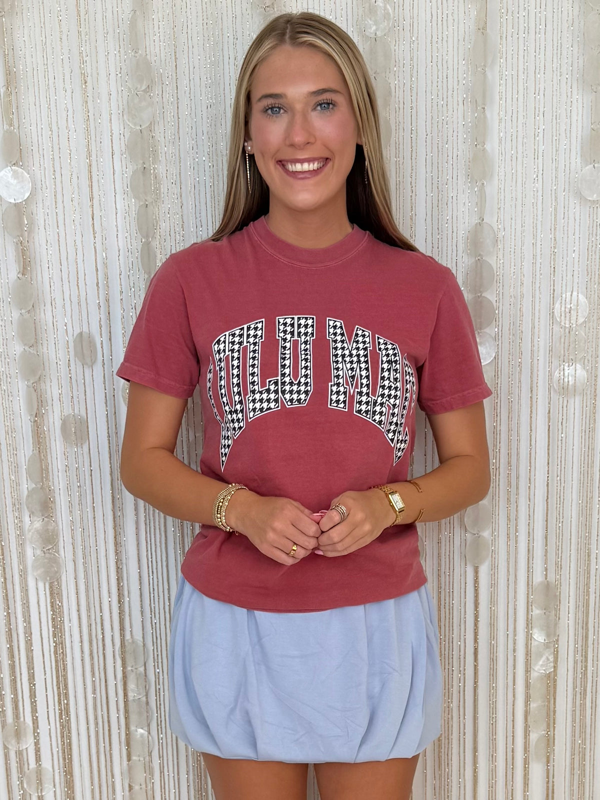 LULU MAC Crimson Houndstooth Tee-Shop-Womens-Boutique-Clothing