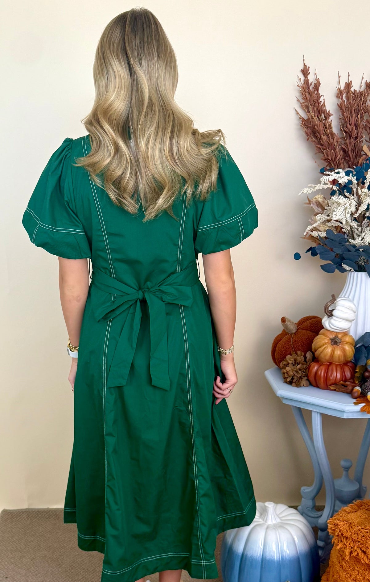 Copper Leaves H Green Stitch Puff Sleeve Midi Dress-Shop-Womens-Boutique-Clothing
