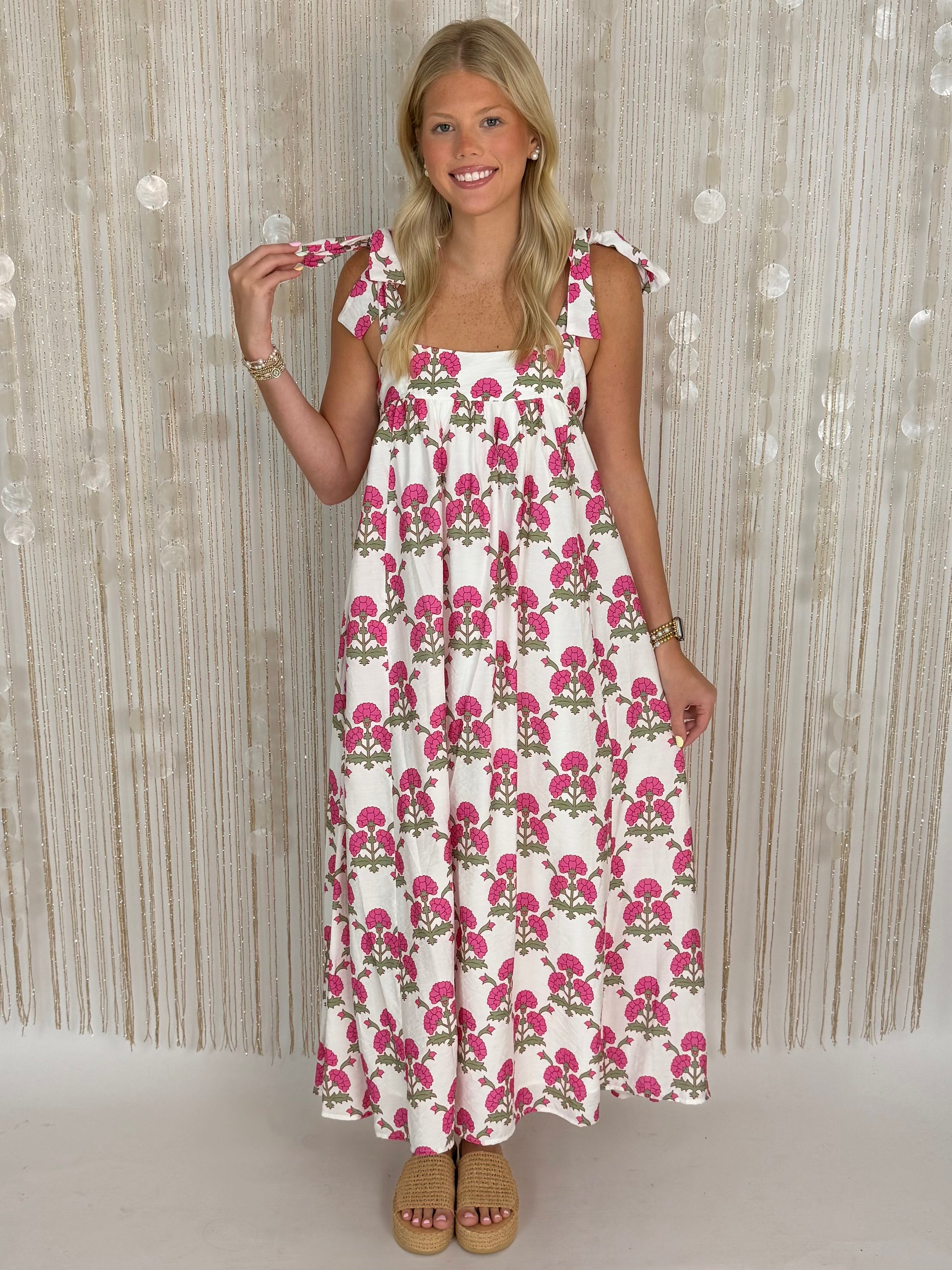 Modern Bloom Cream Floral Smocked Tie Midi Dress-Shop-Womens-Boutique-Clothing