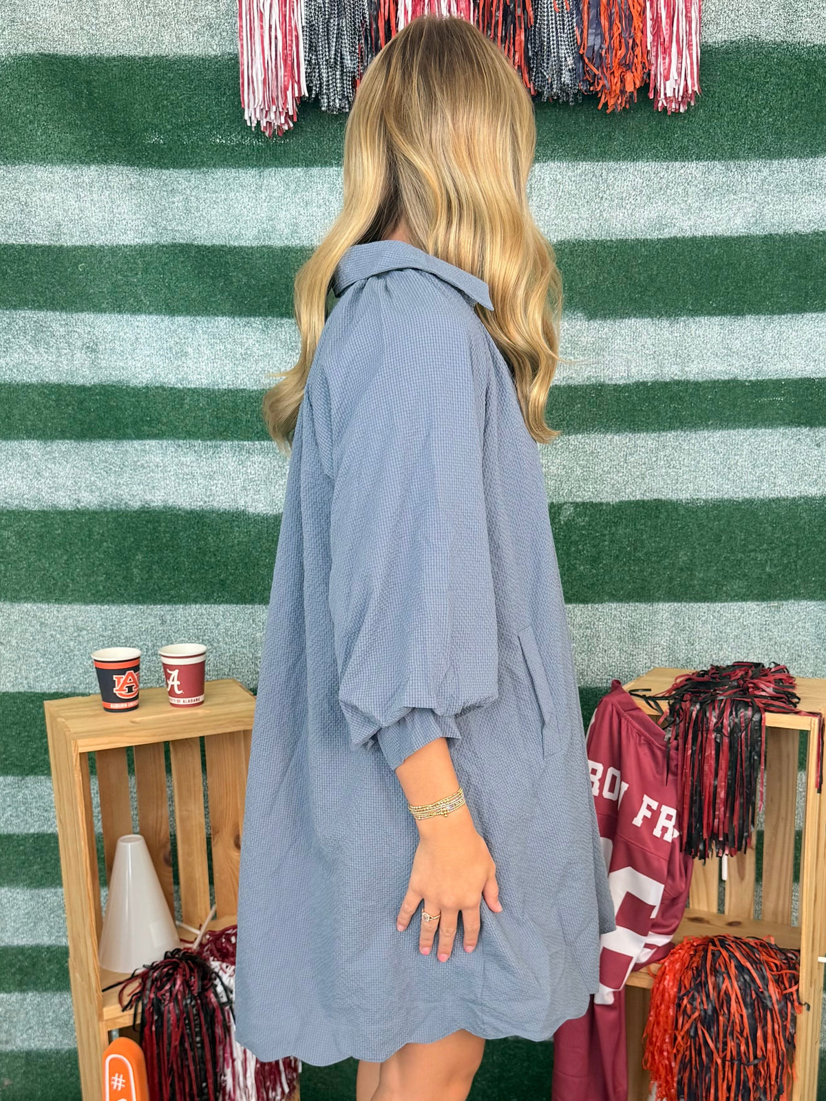 Sunday Social Steel Blue V-Neck Scalloped Dress-Shop-Womens-Boutique-Clothing