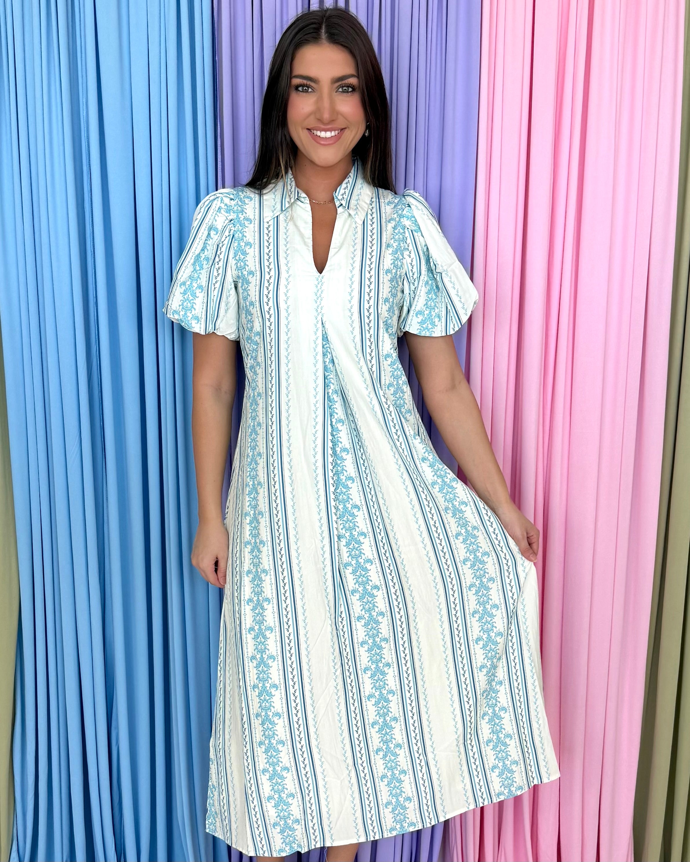 Darling Avenue Blue Striped Puff Sleeve Midi Dress-Shop-Womens-Boutique-Clothing