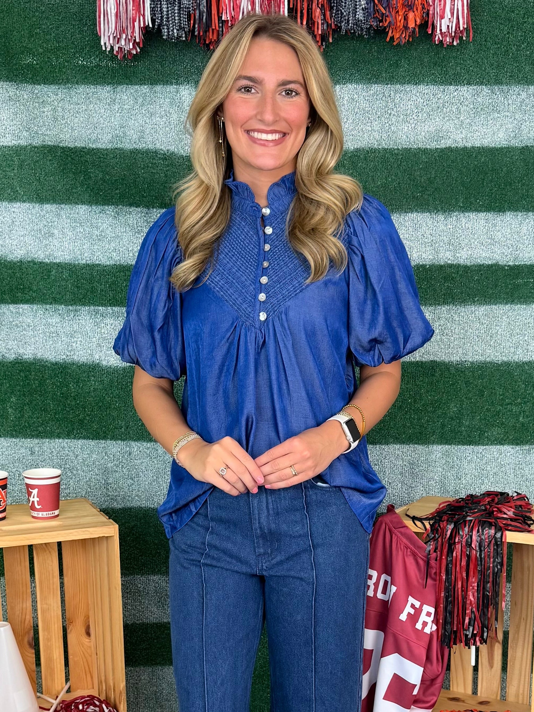 Fourth Down Indigo Ruffle Neck Smocked Top-Shop-Womens-Boutique-Clothing