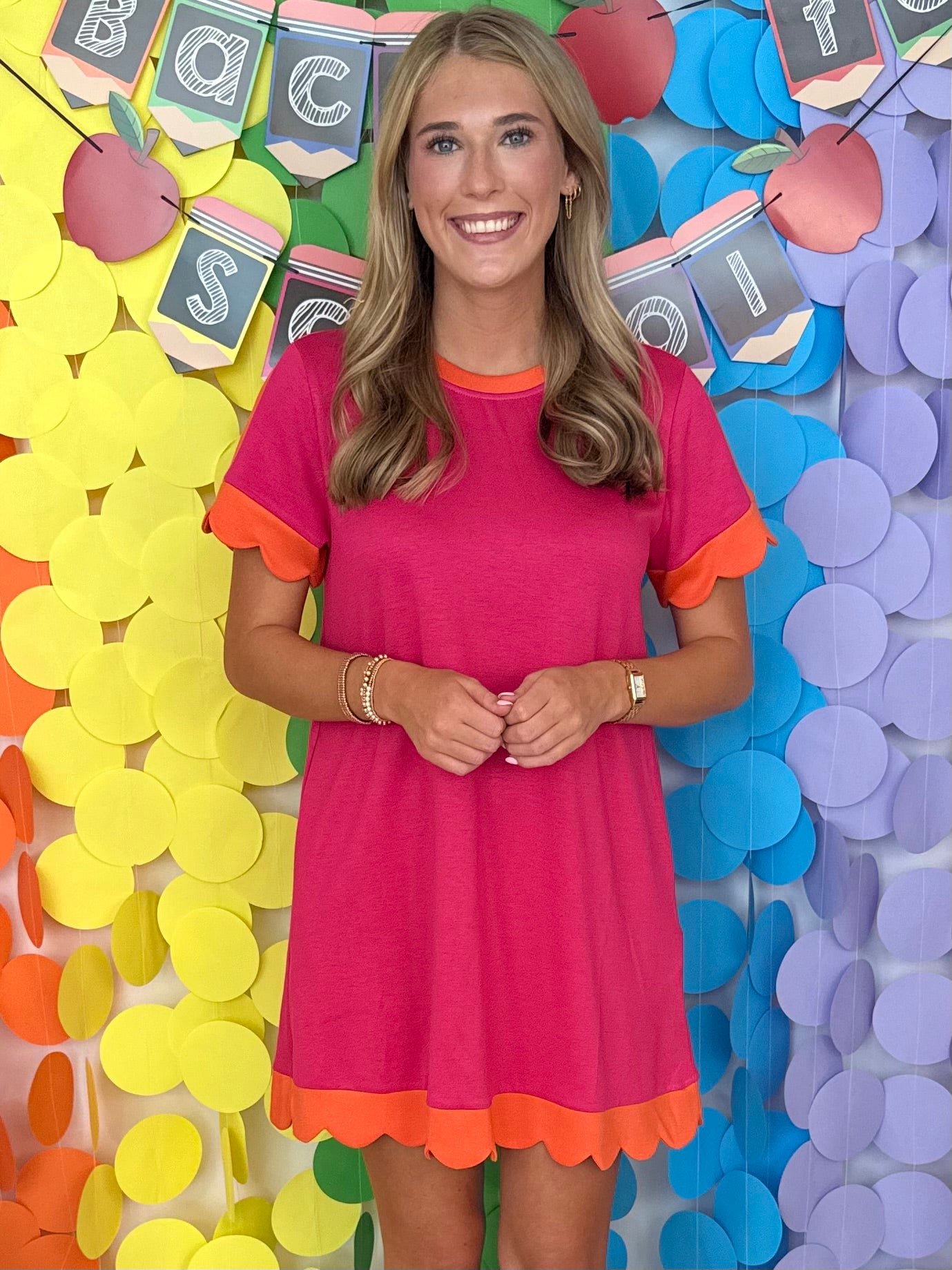 Rise and Shine Fuchsia/Orange Scalloped Contrast Dress-Shop-Womens-Boutique-Clothing