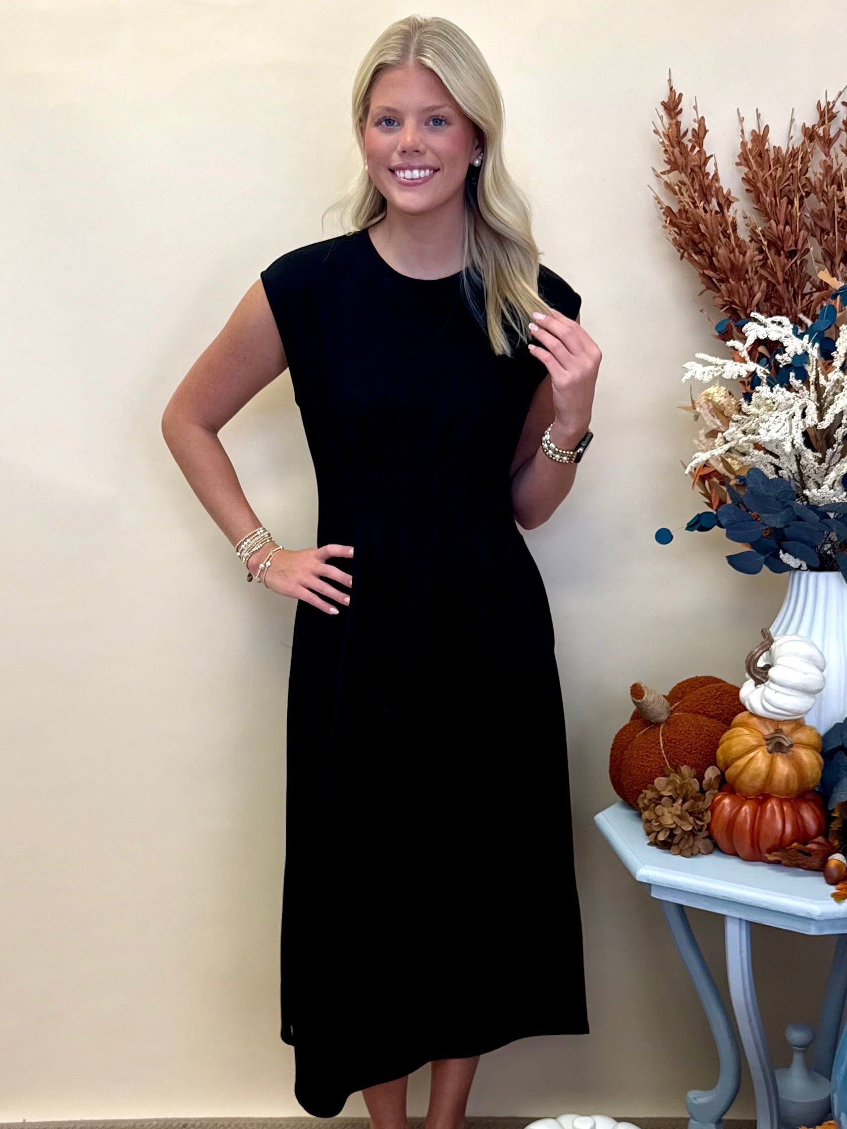 Cherished Moments Black Pintuck Midi Dress-Shop-Womens-Boutique-Clothing
