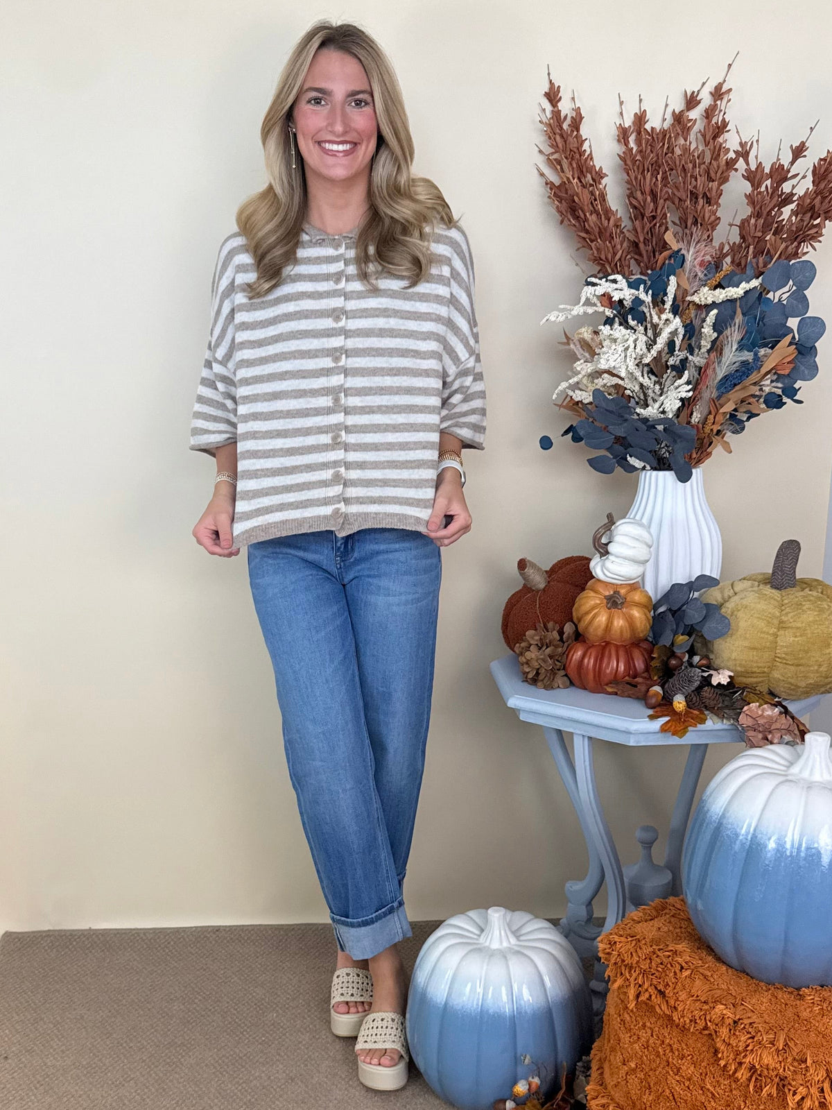 Your Move Light Mocha Stripe SS Cardigan-Shop-Womens-Boutique-Clothing