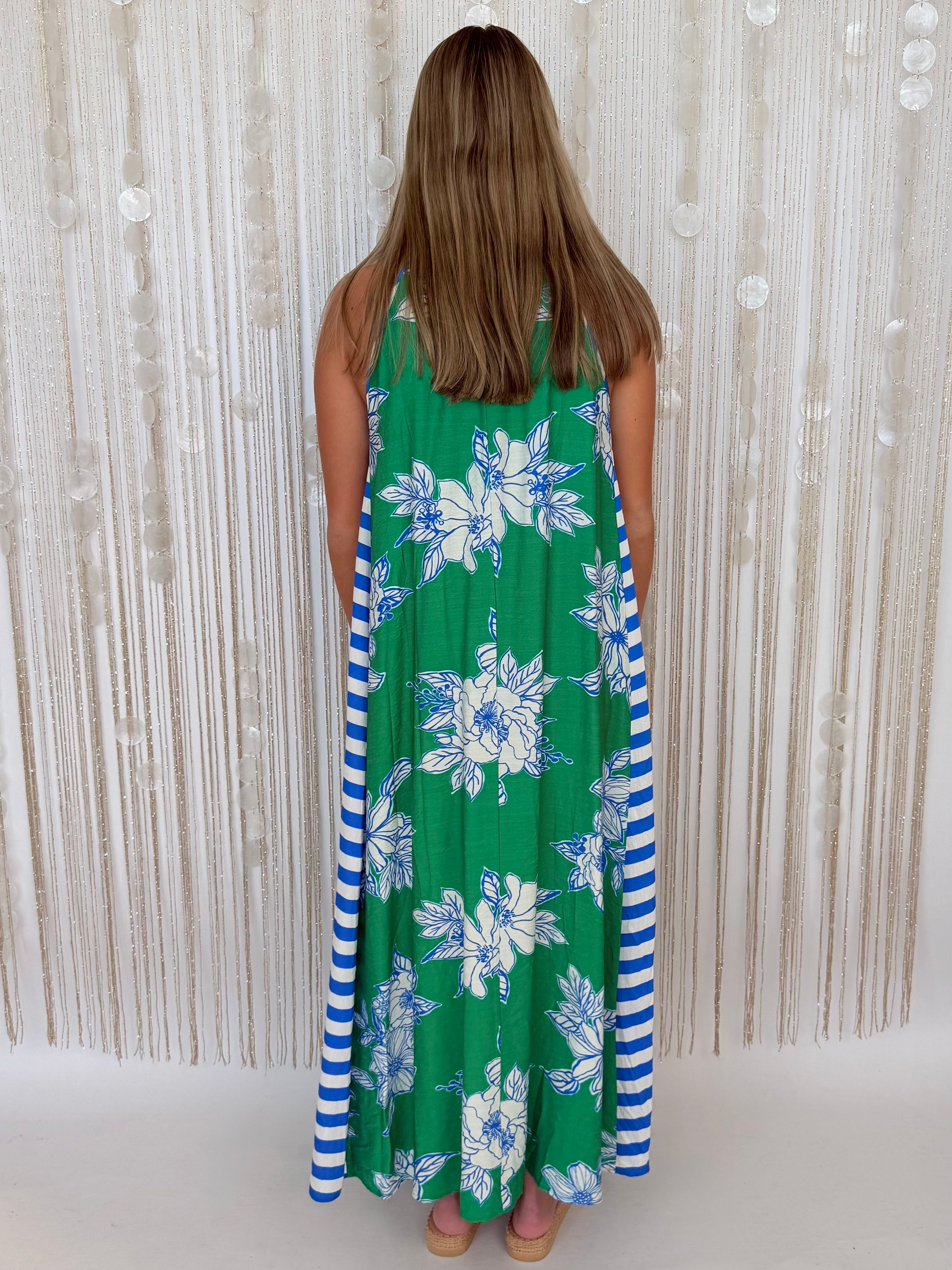 Evening Ease Green Botanical Stripe Tie Neck Midi Dress-Shop-Womens-Boutique-Clothing