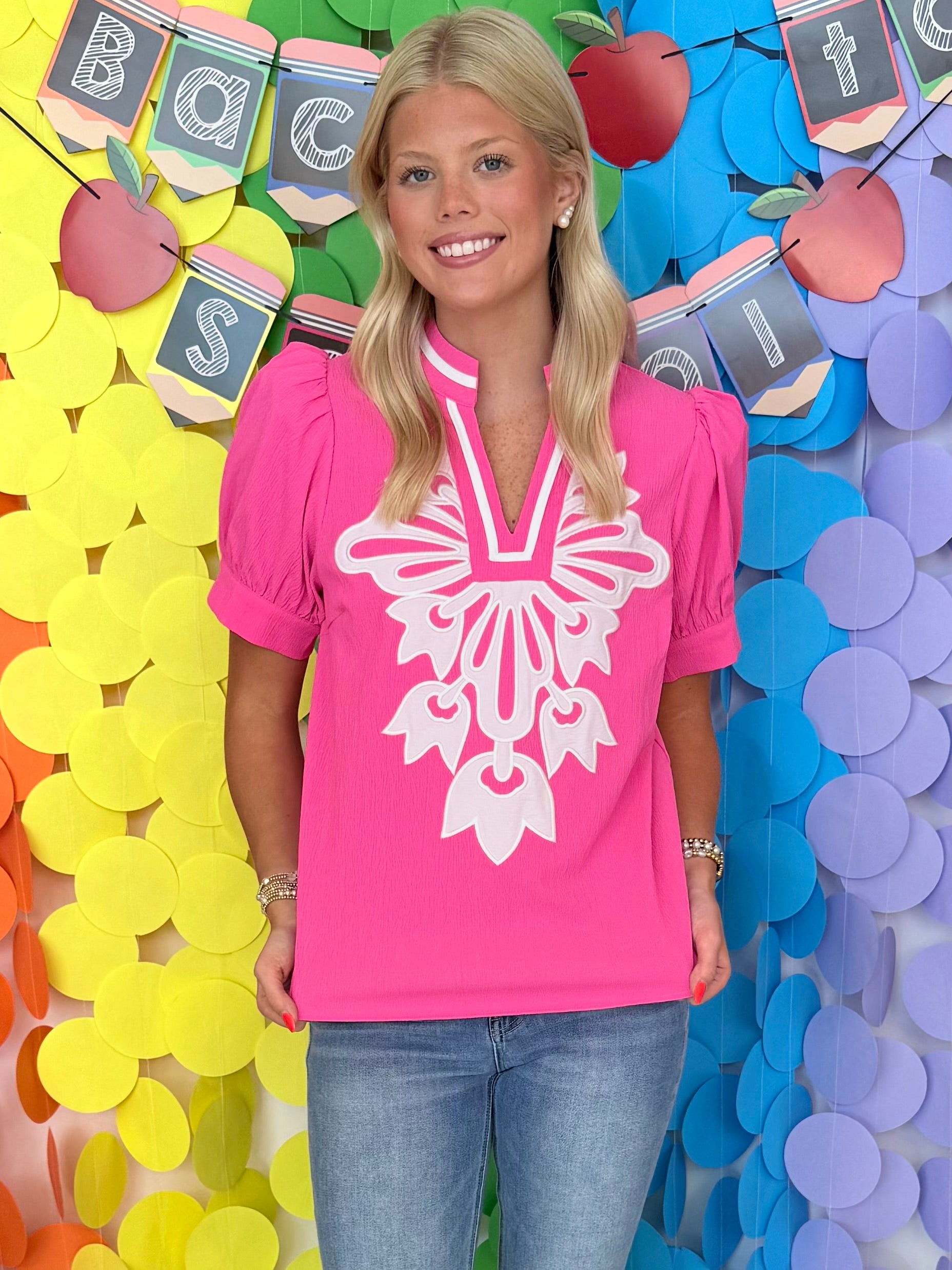 Relaxed Yet Hot Pink Floral V-Neck Top-Shop-Womens-Boutique-Clothing