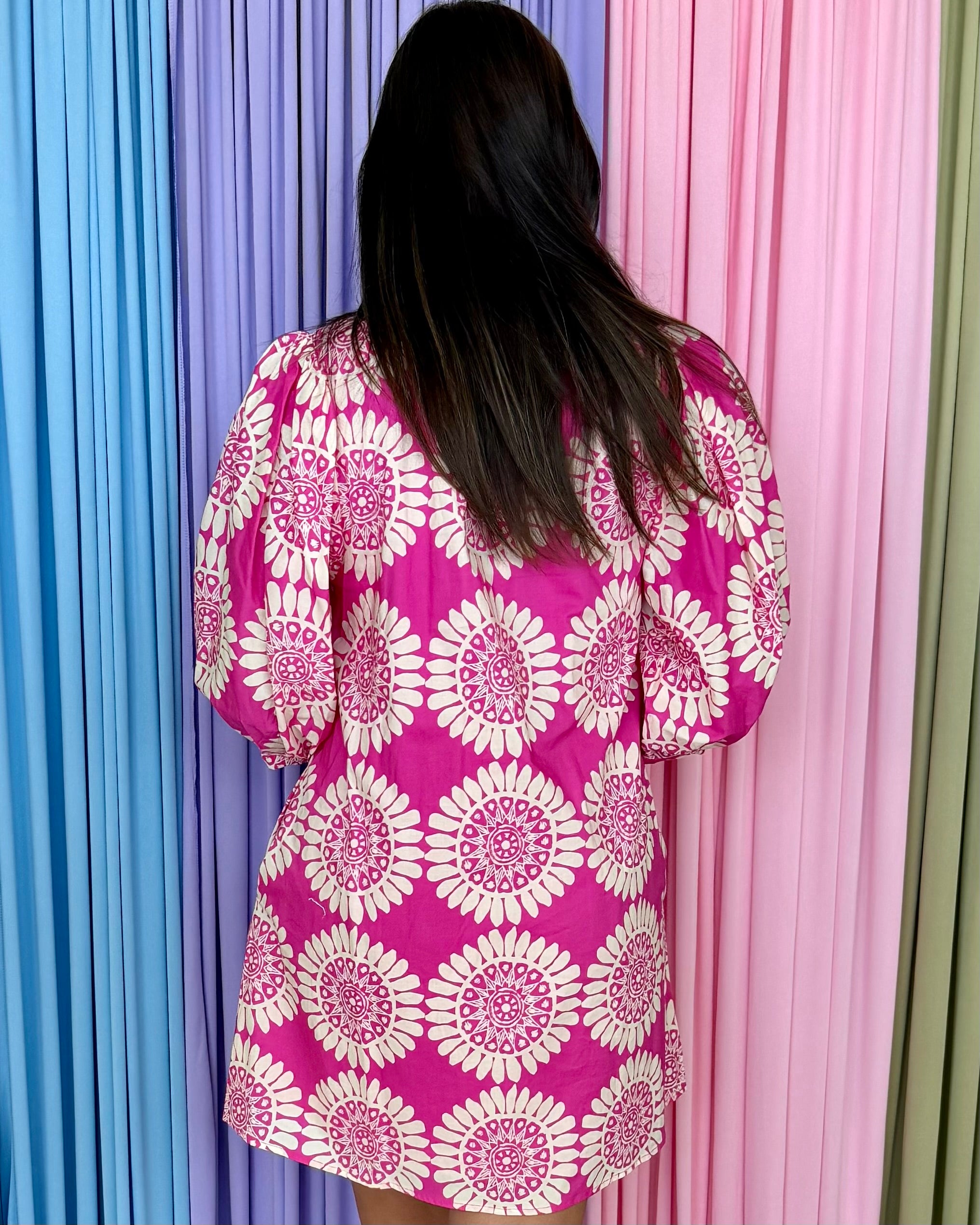 Sweet Serenity Hot Pink Geometric V Neck Dress-Shop-Womens-Boutique-Clothing