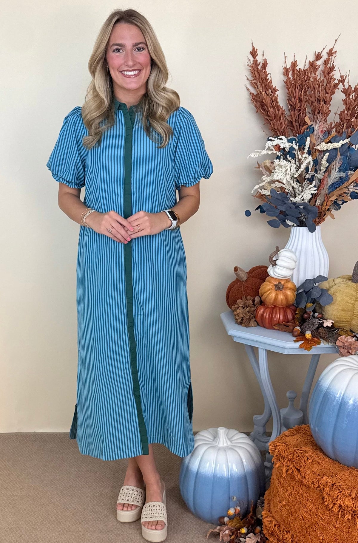 Autumn Strolls H Green Striped Midi Dress-Shop-Womens-Boutique-Clothing