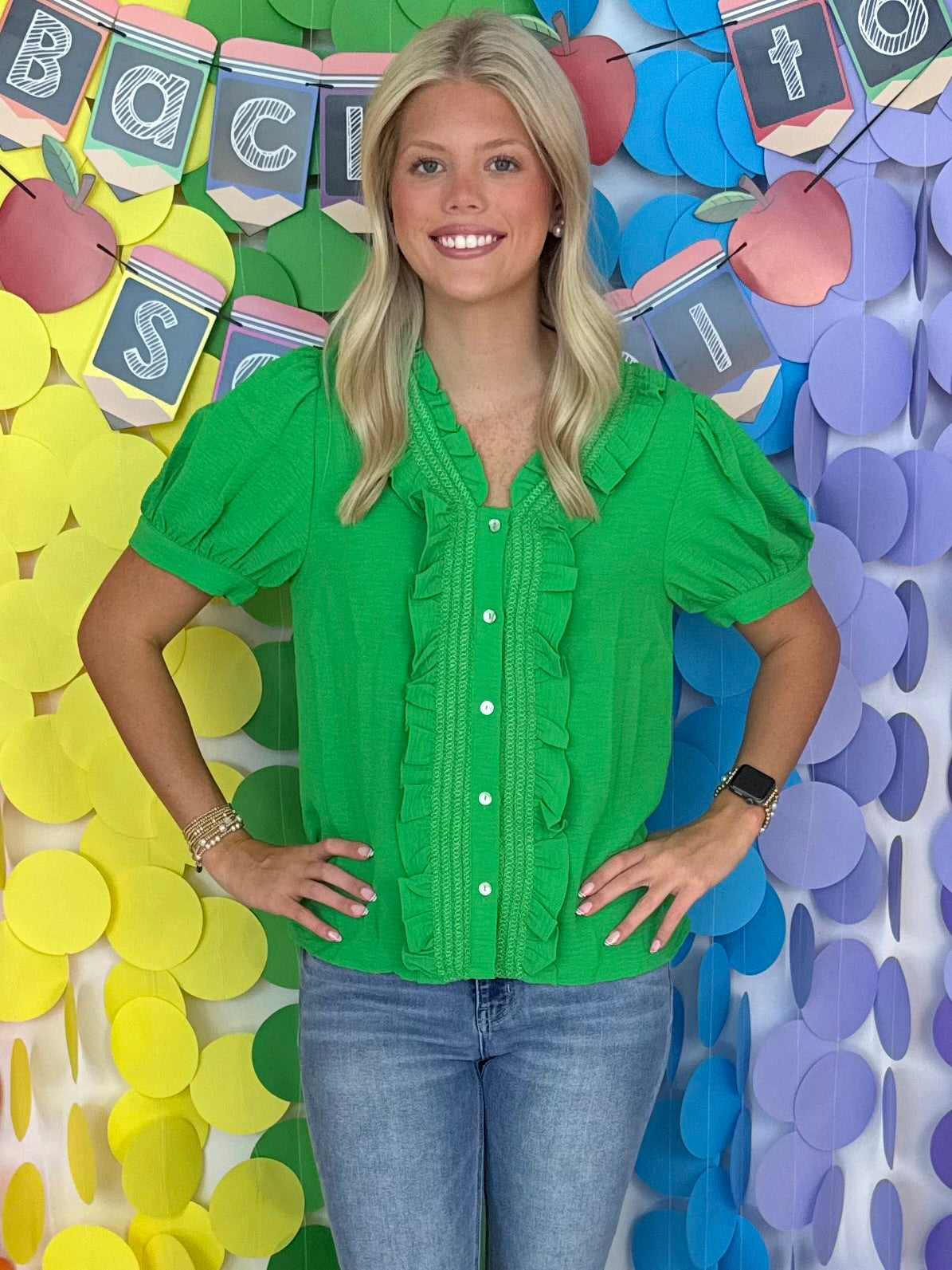 Gentle Touch Kelly Green Button Front Top-Shop-Womens-Boutique-Clothing