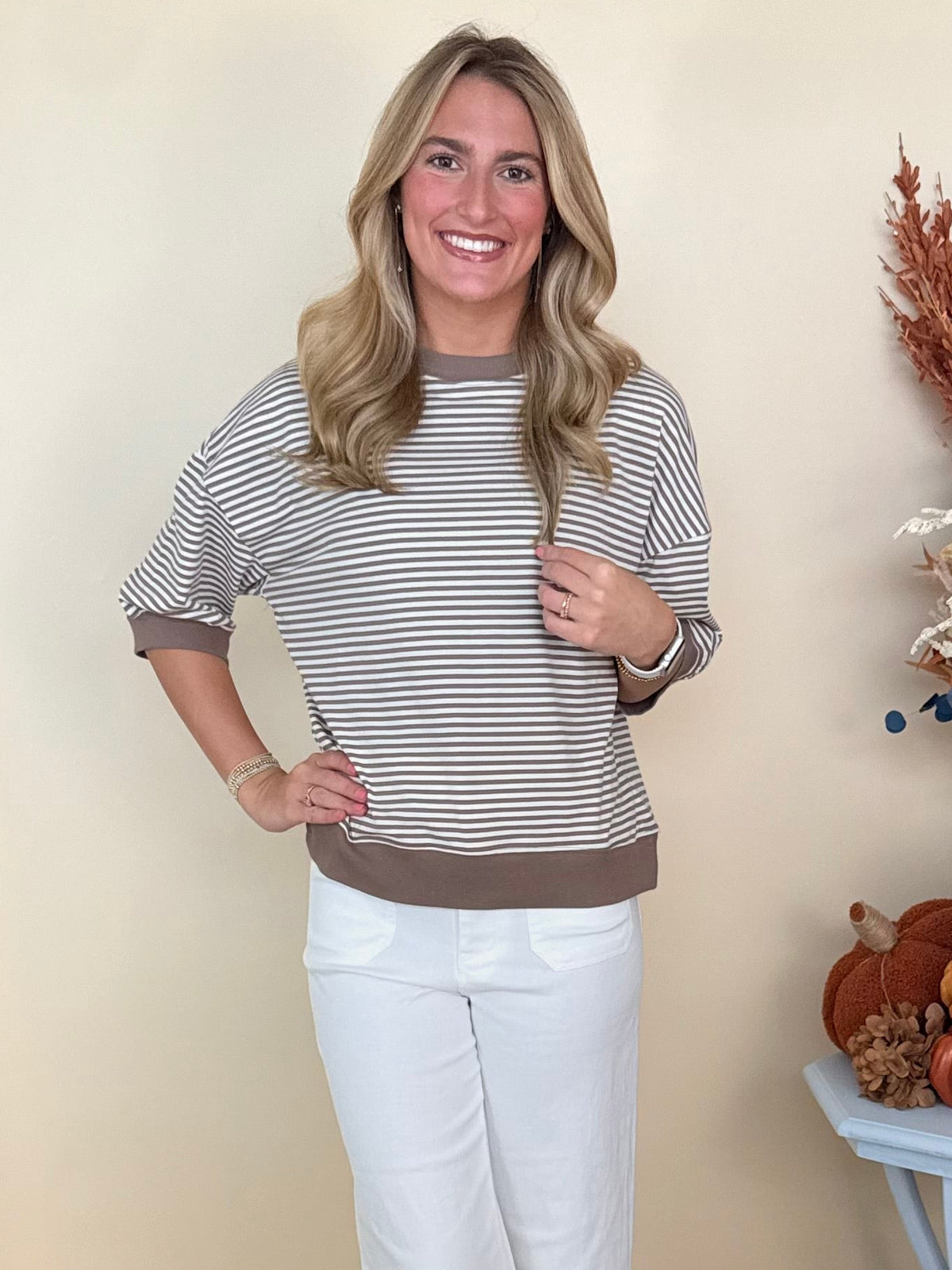 Weekend Wonder Cream/Mocha Striped Contrast Trim Top-Shop-Womens-Boutique-Clothing