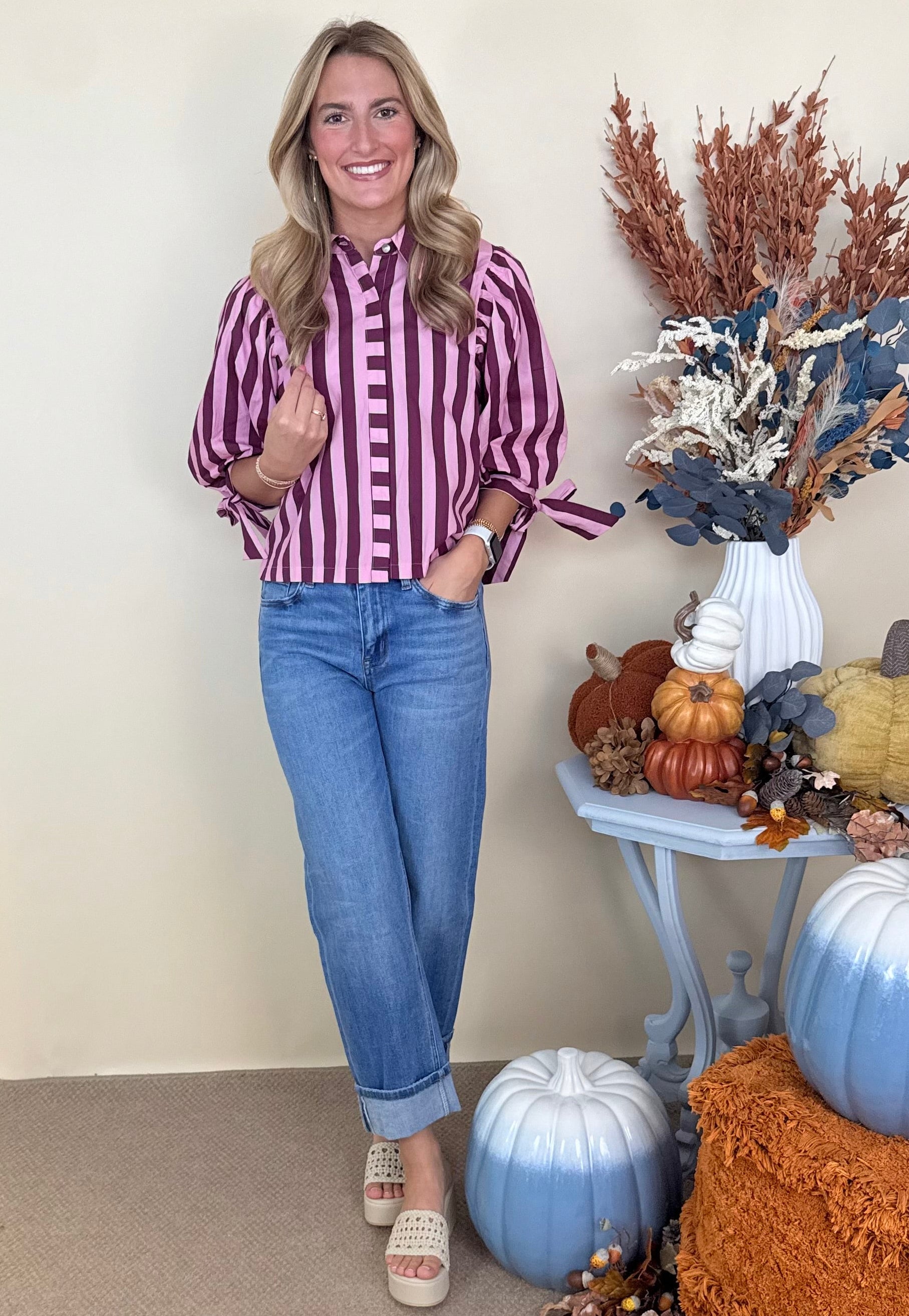 Hello Pumpkin Pink Wine Striped Puff Sleeve Top-Shop-Womens-Boutique-Clothing