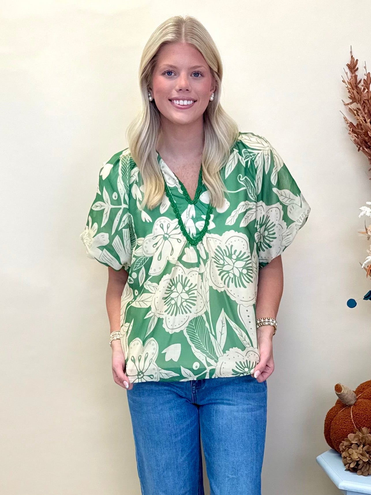 So Freeing Green Floral Contrast Detail Top-Shop-Womens-Boutique-Clothing