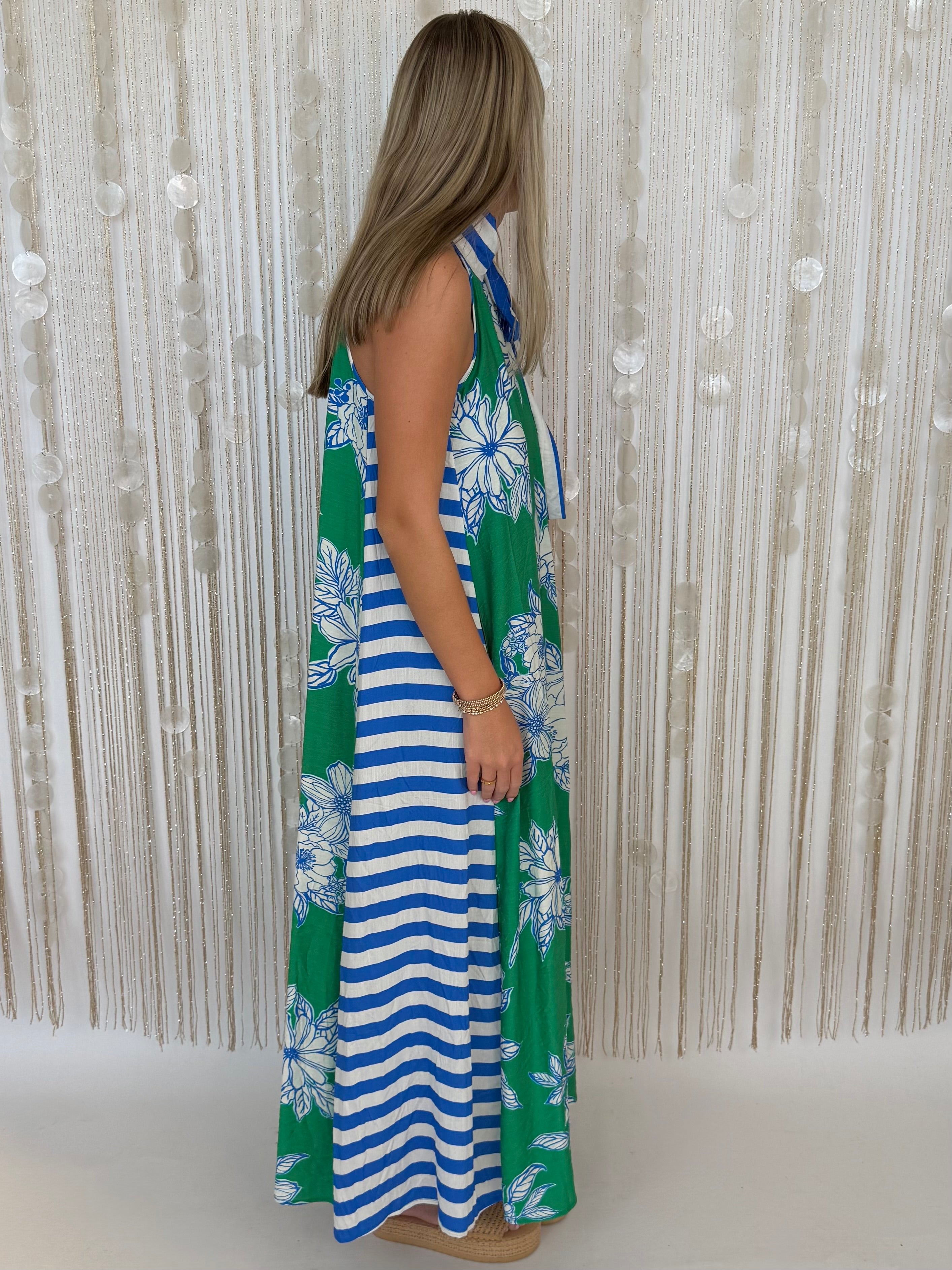 Evening Ease Green Botanical Stripe Tie Neck Midi Dress-Shop-Womens-Boutique-Clothing