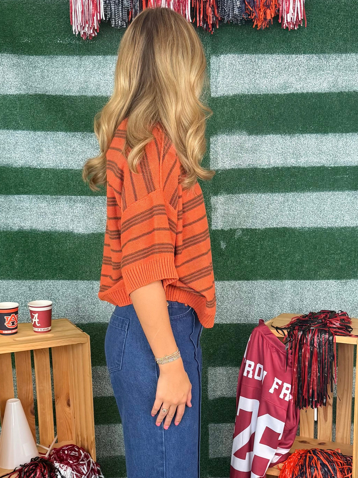 Next One Pumpkin Striped Drop Sleeve Sweater Top-Shop-Womens-Boutique-Clothing