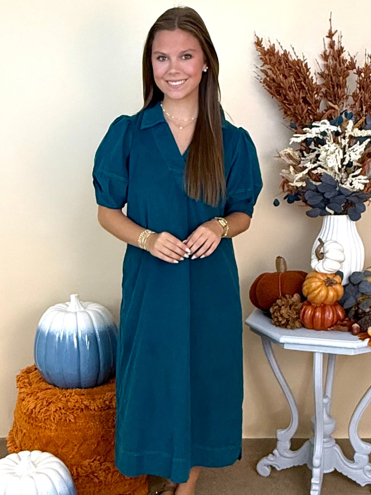 October Mood Teal Collared Corduroy Midi Dress-Shop-Womens-Boutique-Clothing