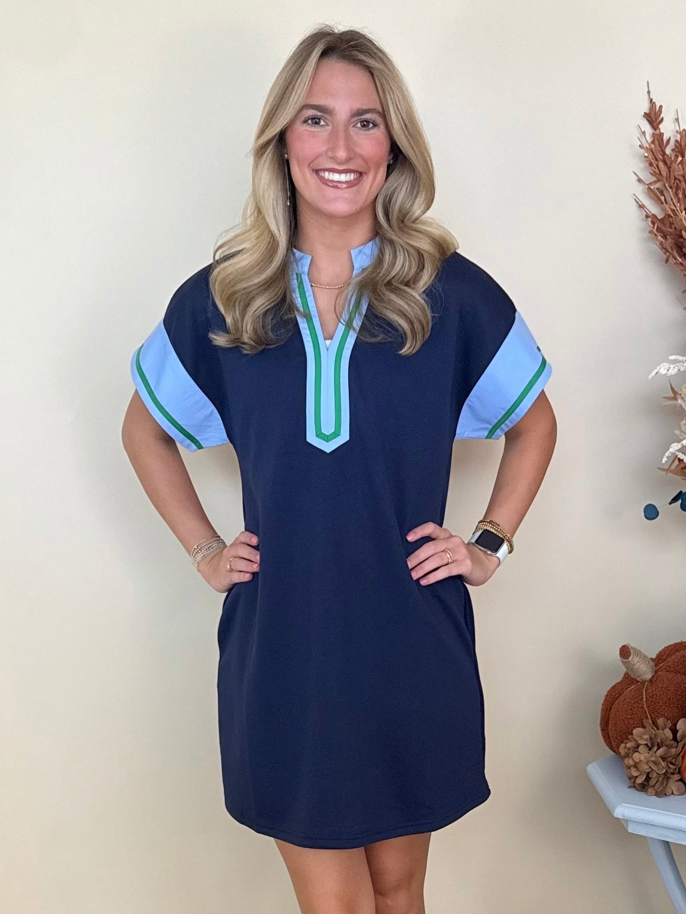 Classy Moment Navy Contrast V-Neck Shift Dress-Shop-Womens-Boutique-Clothing