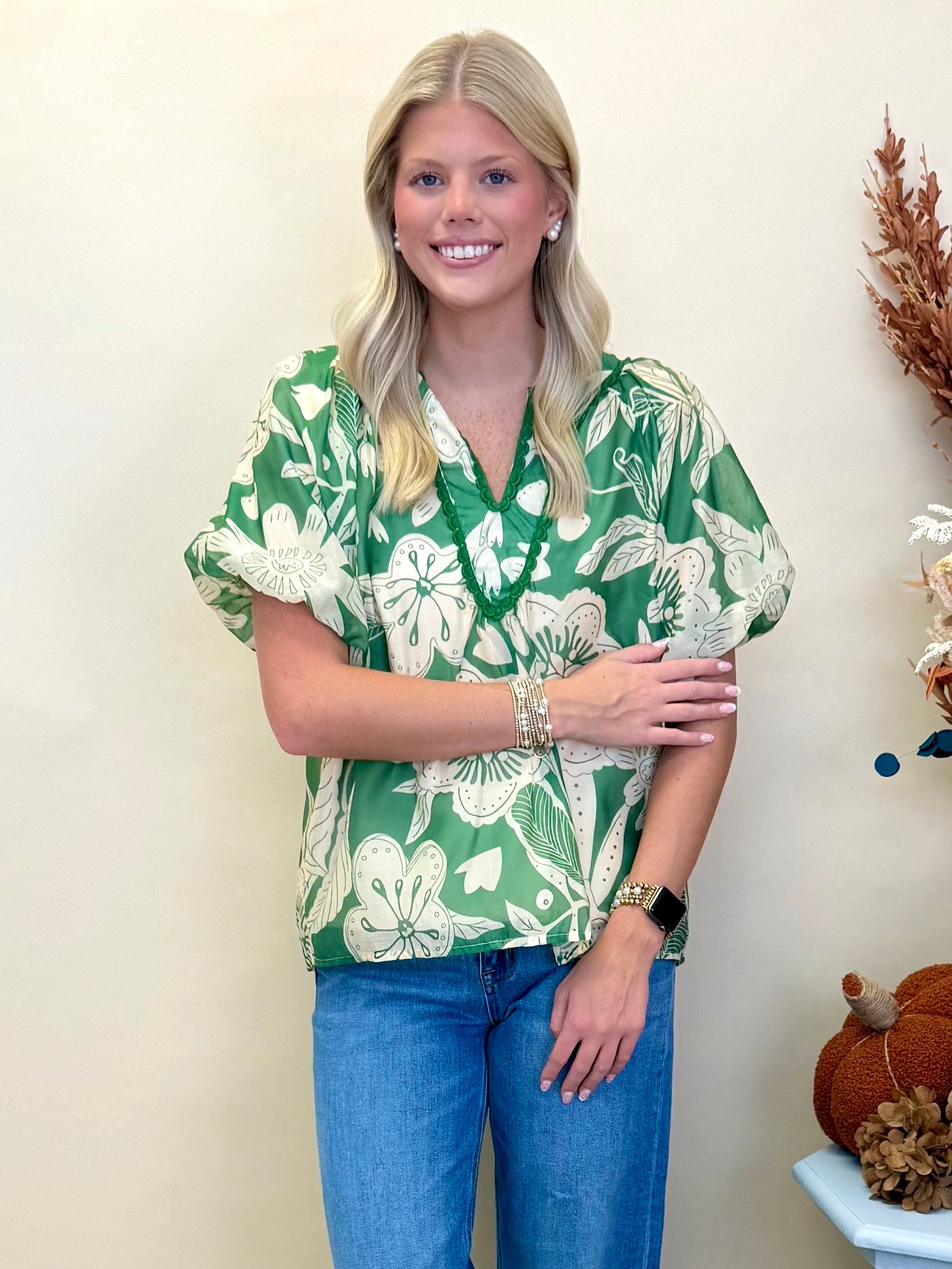 So Freeing Green Floral Contrast Detail Top-Shop-Womens-Boutique-Clothing