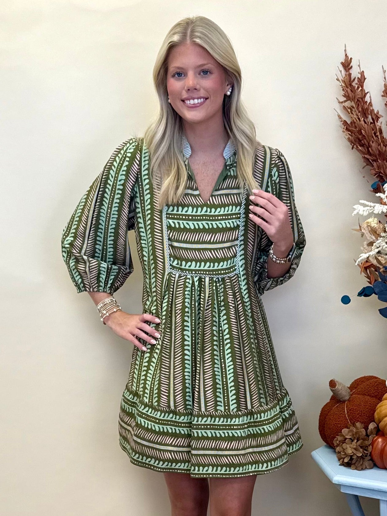 Going Forwards Olive Mix Aztec Babydoll Dress-Shop-Womens-Boutique-Clothing