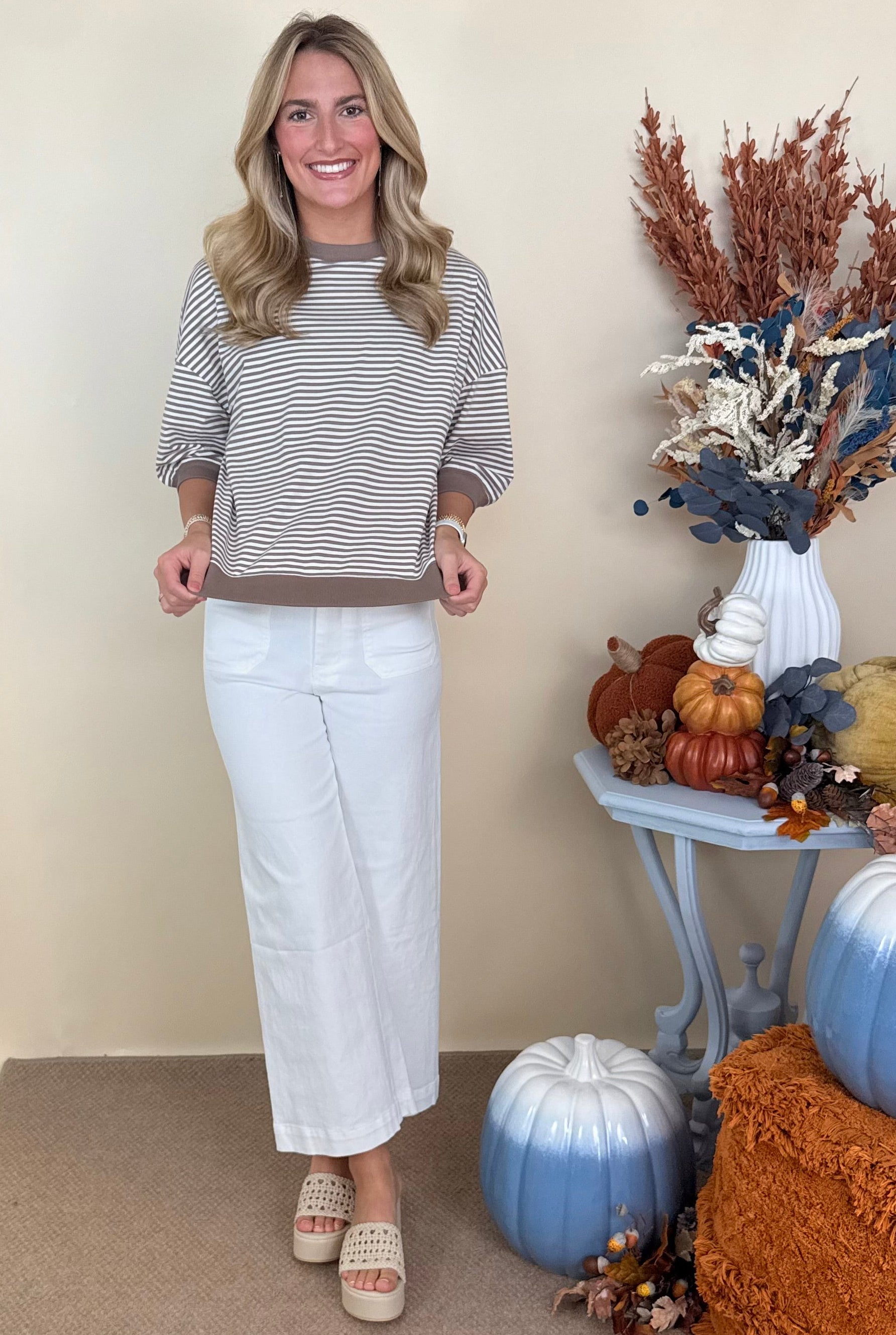 Weekend Wonder Cream/Mocha Striped Contrast Trim Top-Shop-Womens-Boutique-Clothing
