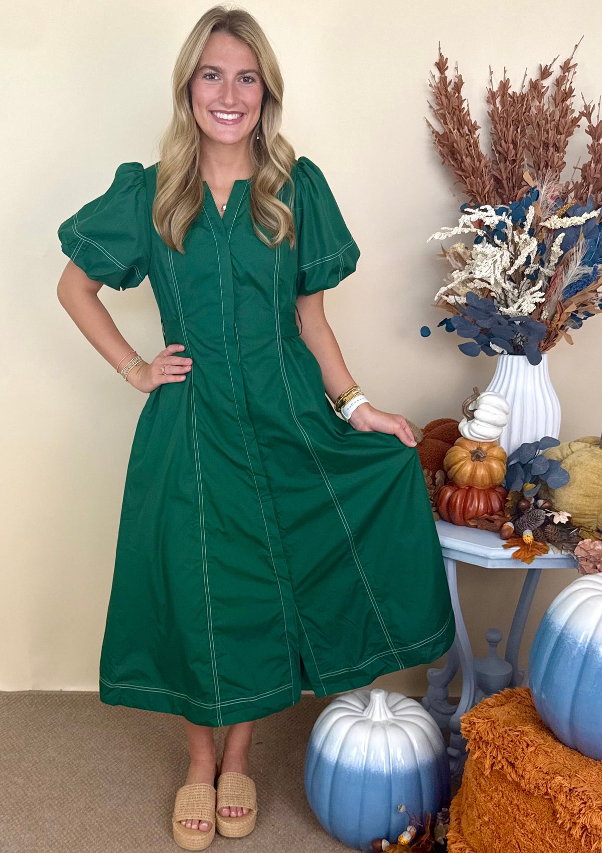 Copper Leaves H Green Stitch Puff Sleeve Midi Dress-Shop-Womens-Boutique-Clothing