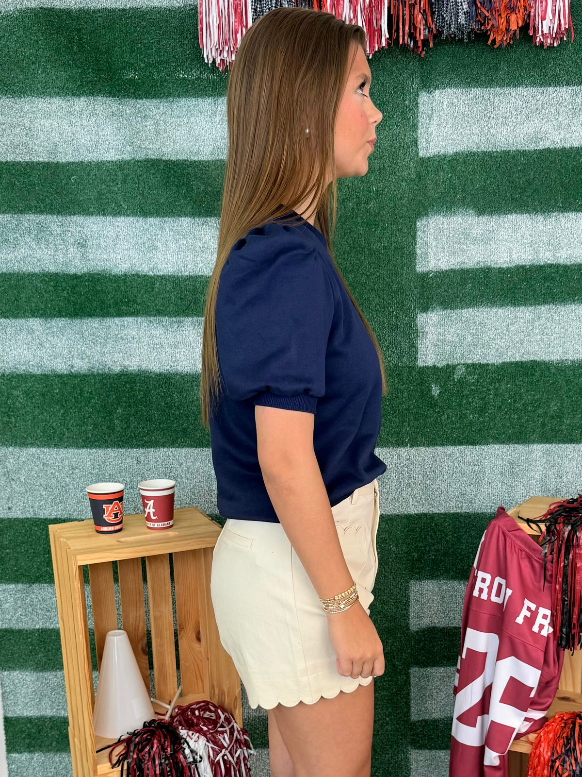 Under the Lights Navy Short Puff Sleeve Knit Top-Shop-Womens-Boutique-Clothing
