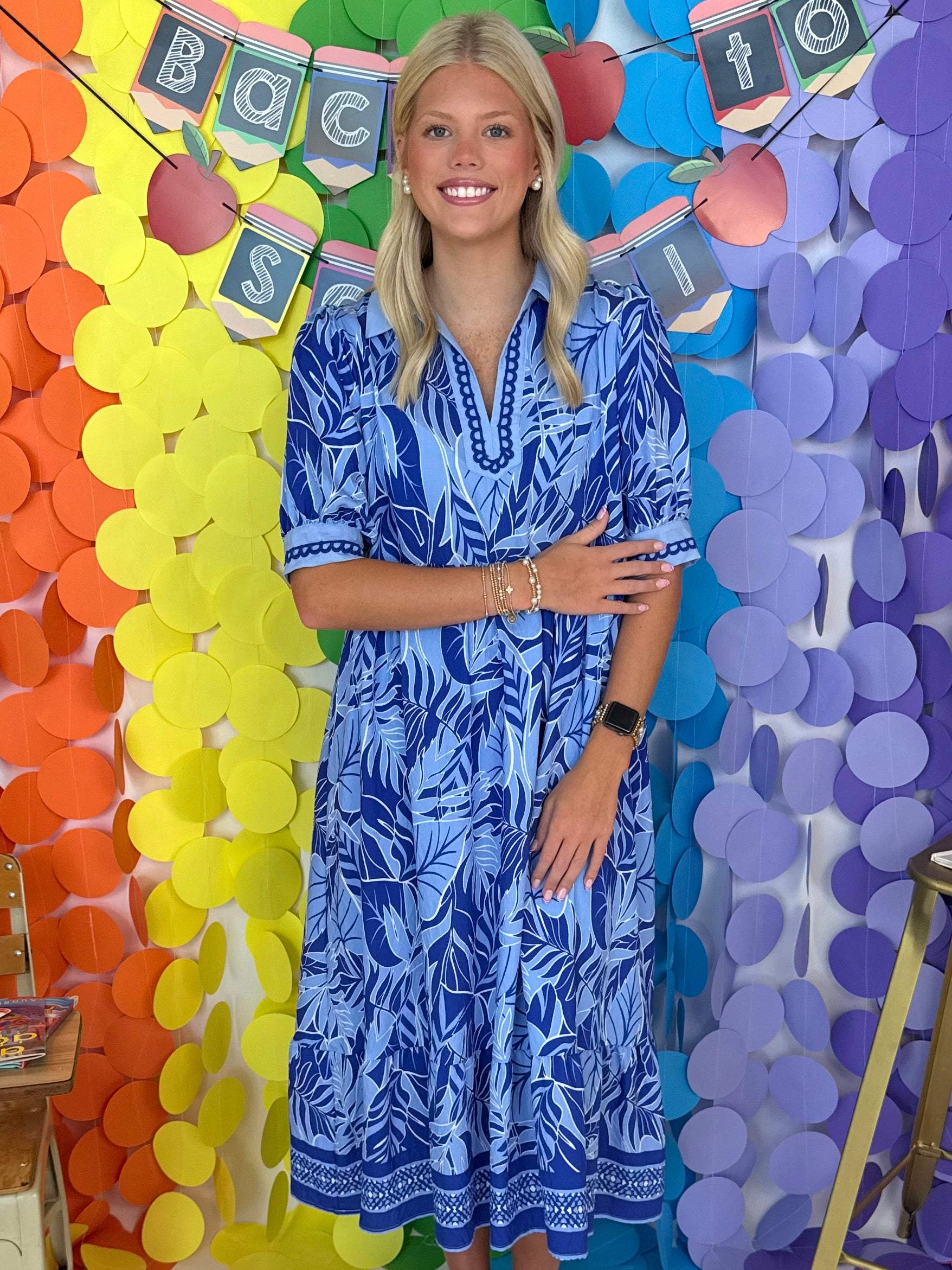 Main Character Blue Leafy Print Midi Dress-Shop-Womens-Boutique-Clothing