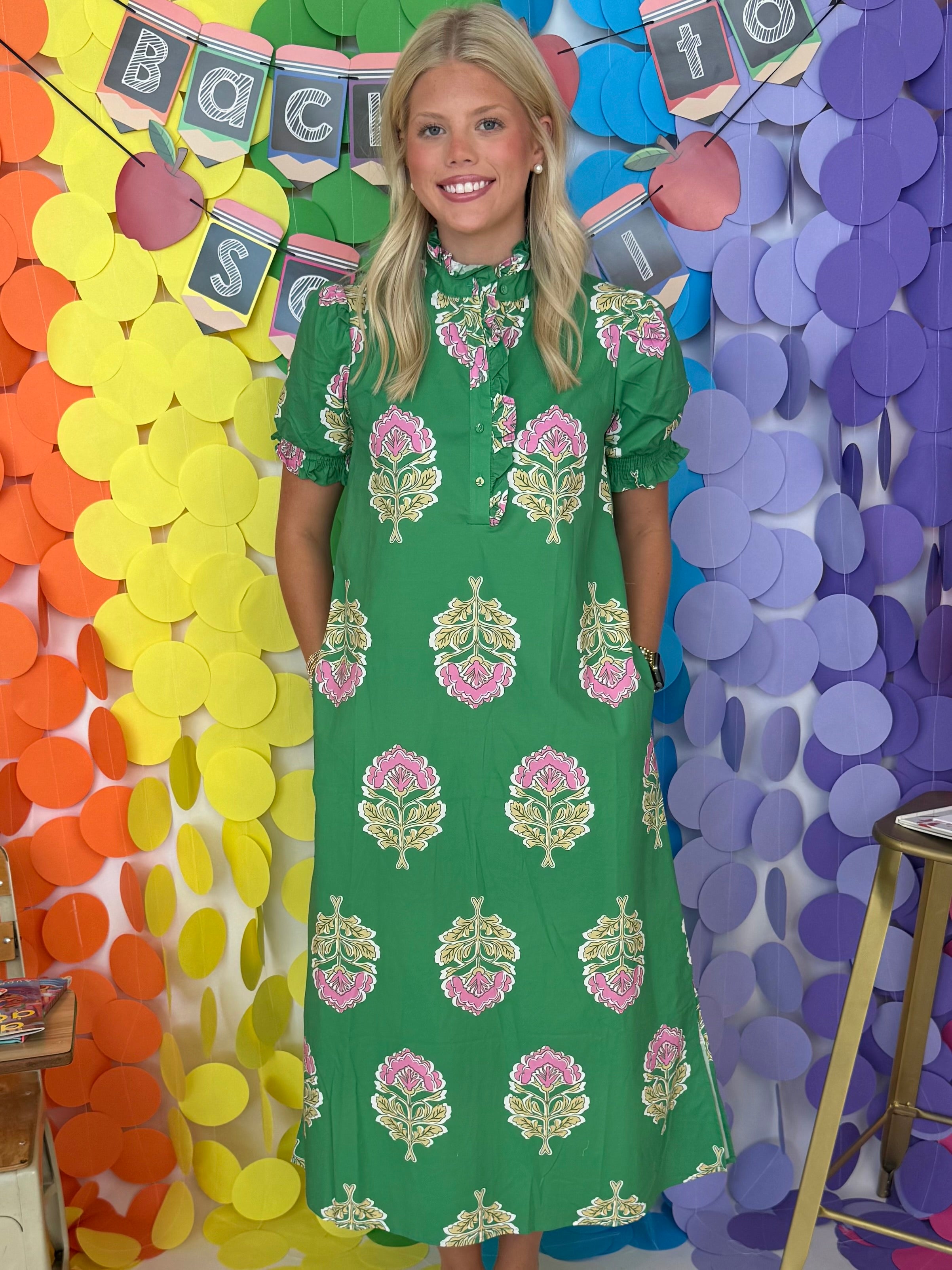 Give You Joy Green Floral Ruffle Button Up Dress-Shop-Womens-Boutique-Clothing