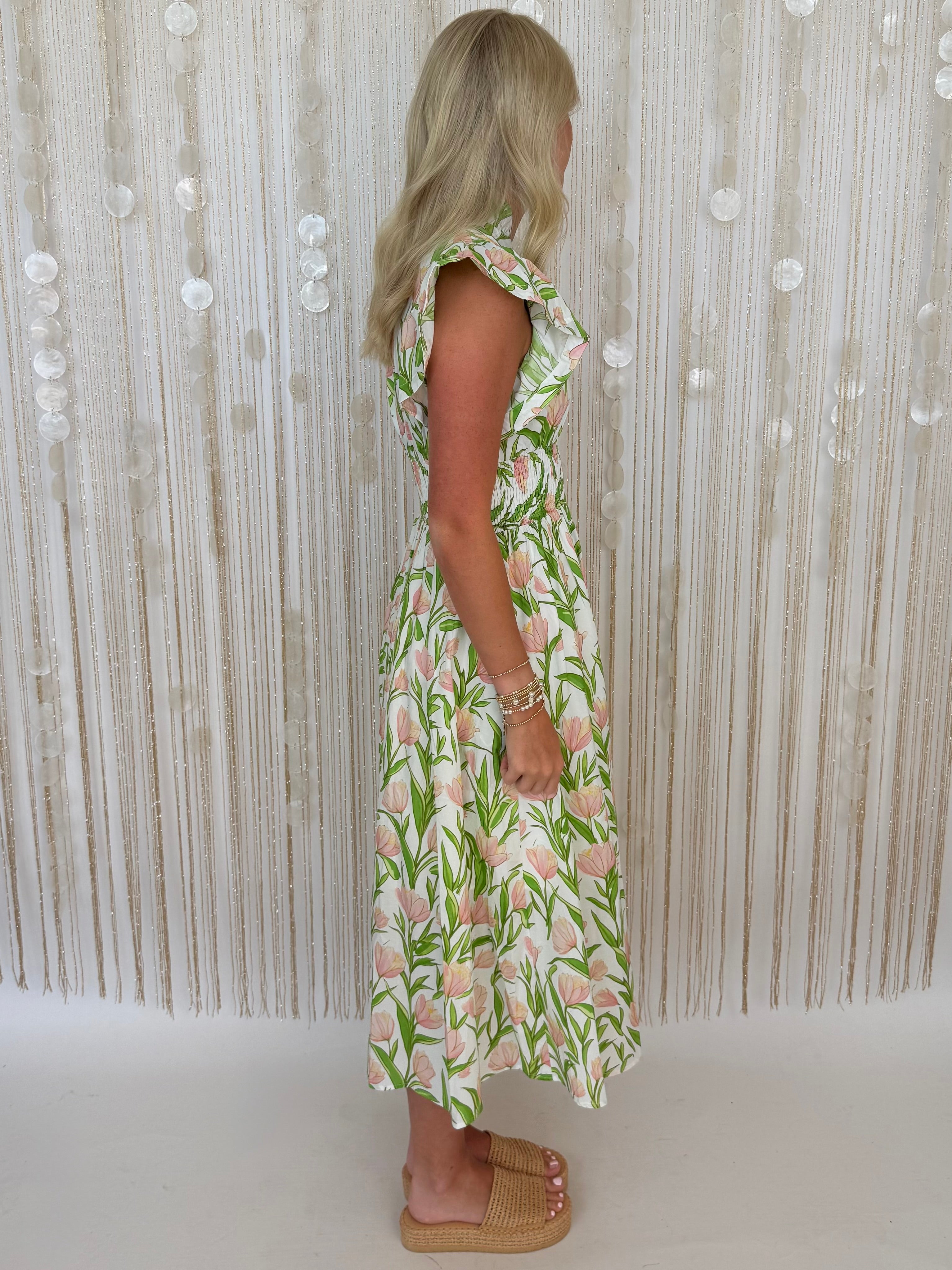 Sweet Devotion Cream Botanical Smocked Midi Dress-Shop-Womens-Boutique-Clothing