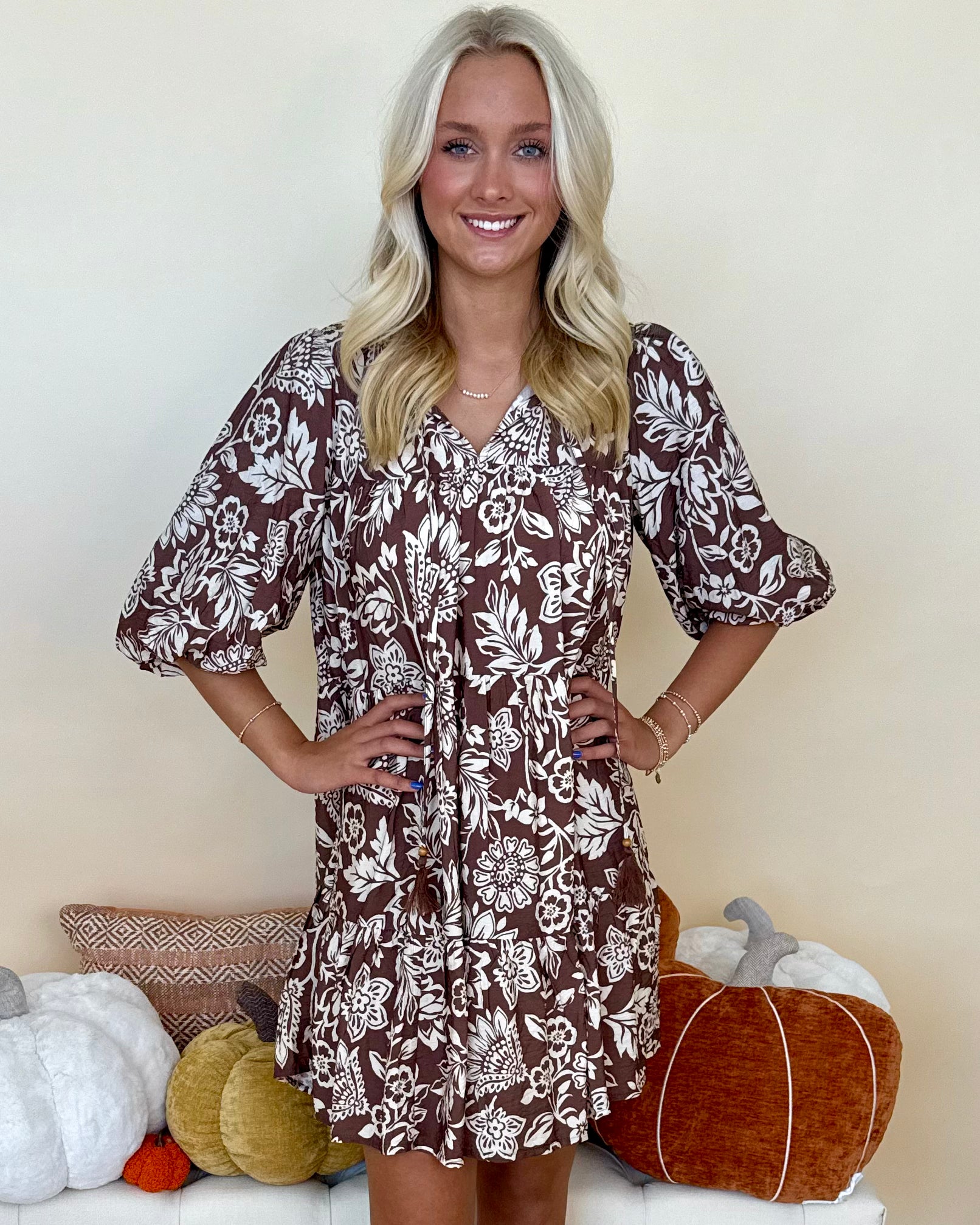 Uptown Views Mocha Print Babydoll Dress-Shop-Womens-Boutique-Clothing