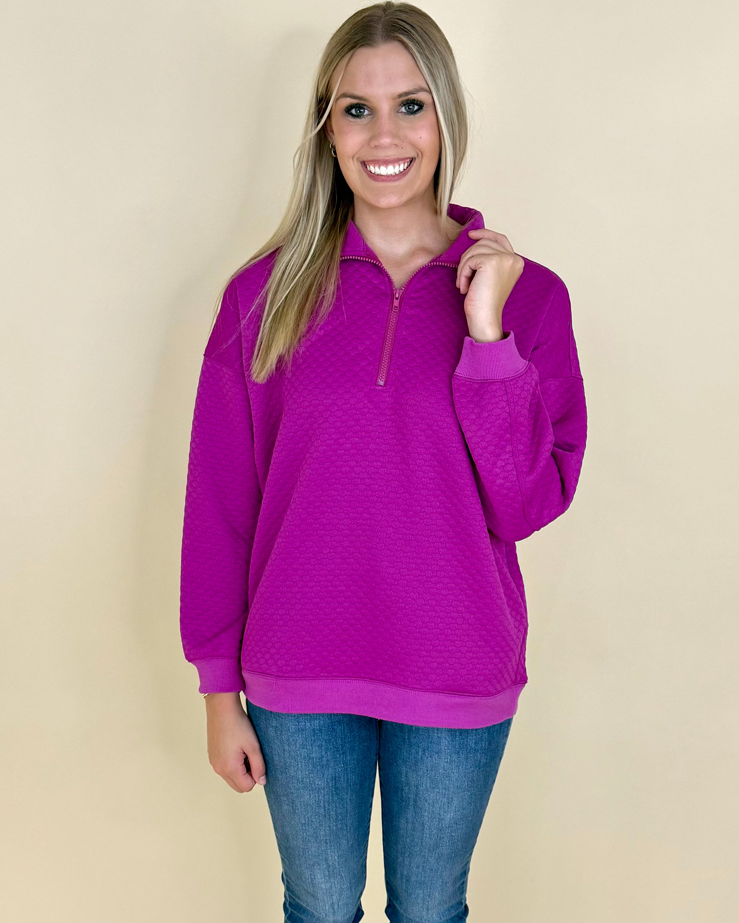 Easy Enough Magenta Half-Zip Top-Shop-Womens-Boutique-Clothing