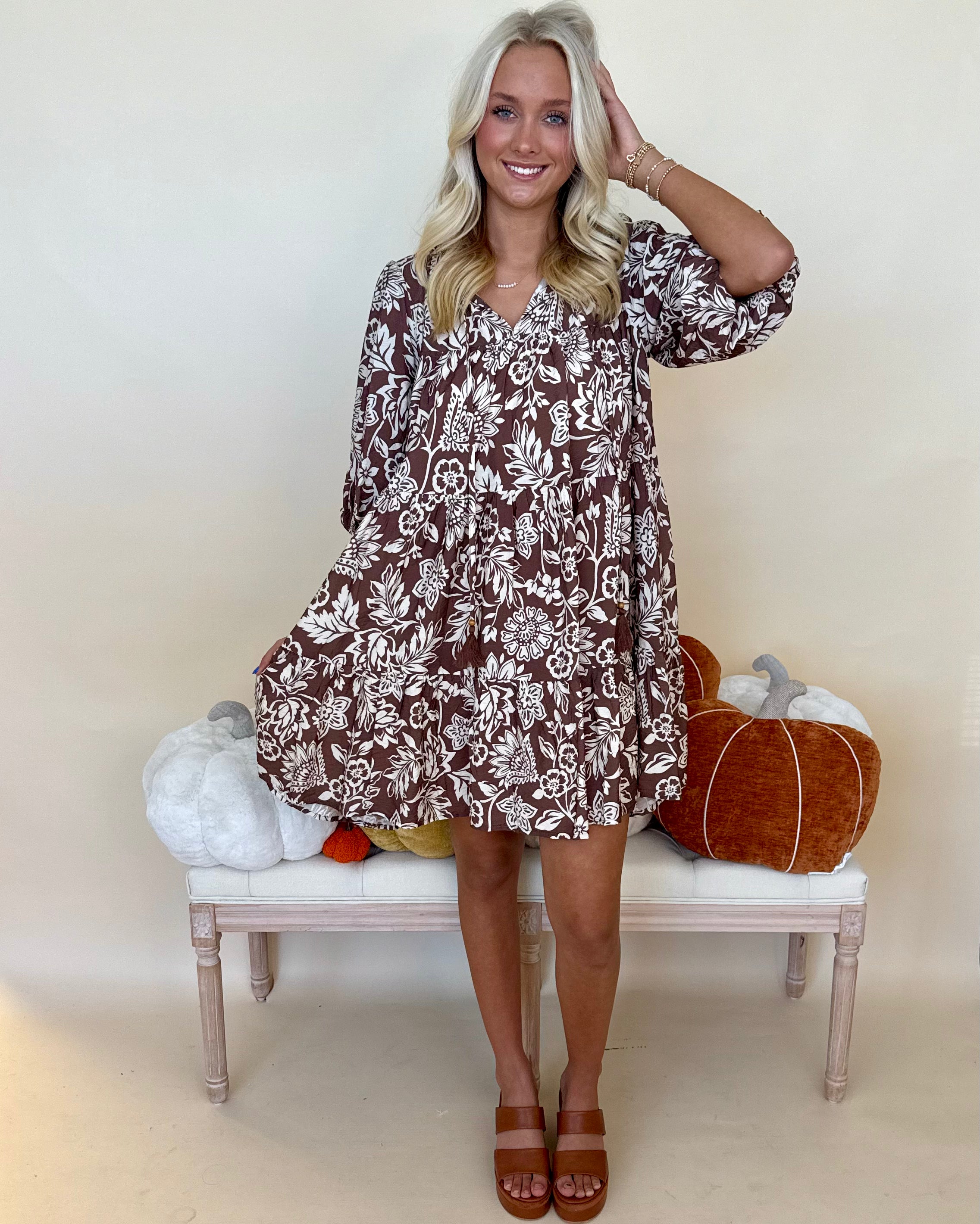 Uptown Views Mocha Print Babydoll Dress-Shop-Womens-Boutique-Clothing