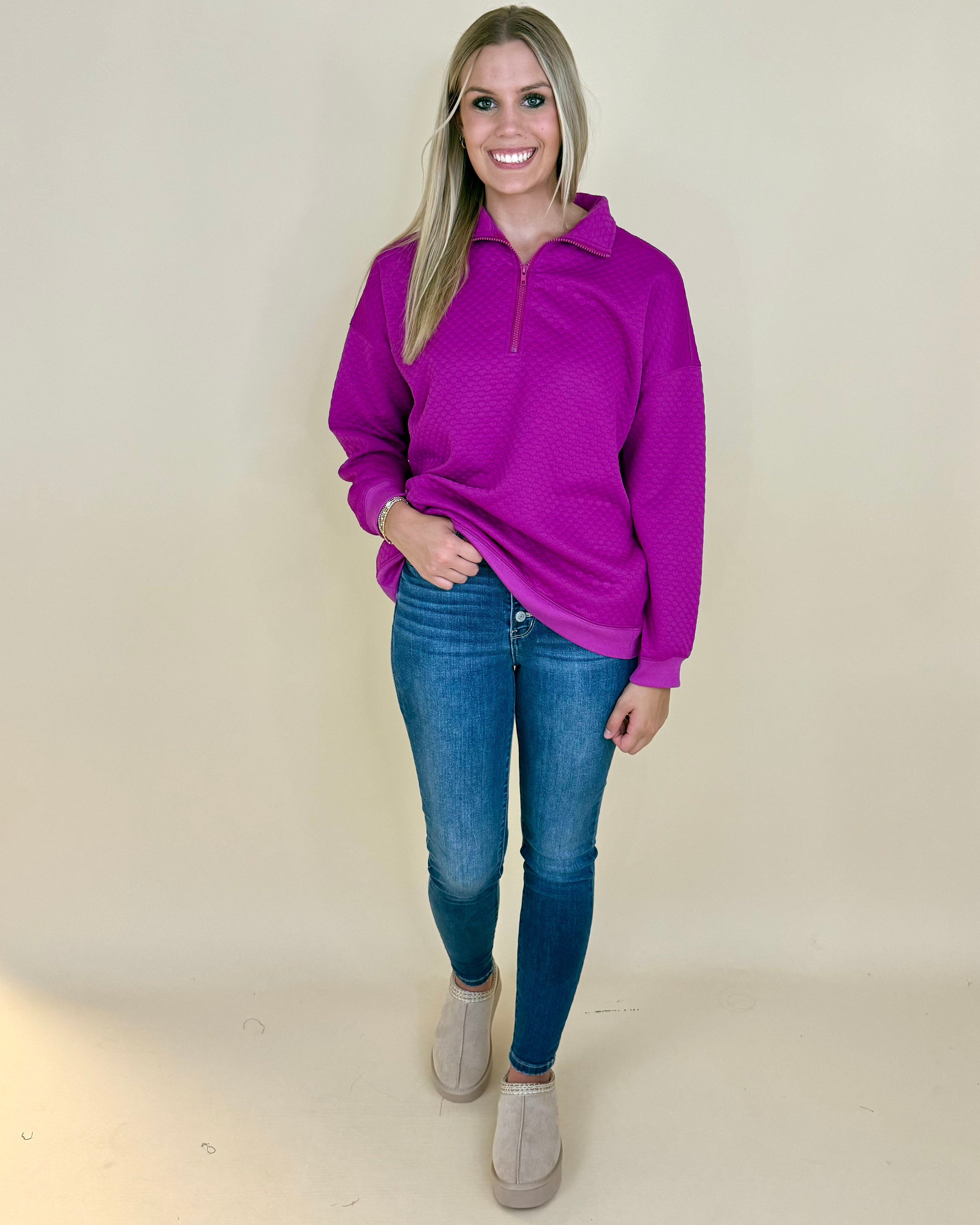 Easy Enough Magenta Half-Zip Top-Shop-Womens-Boutique-Clothing