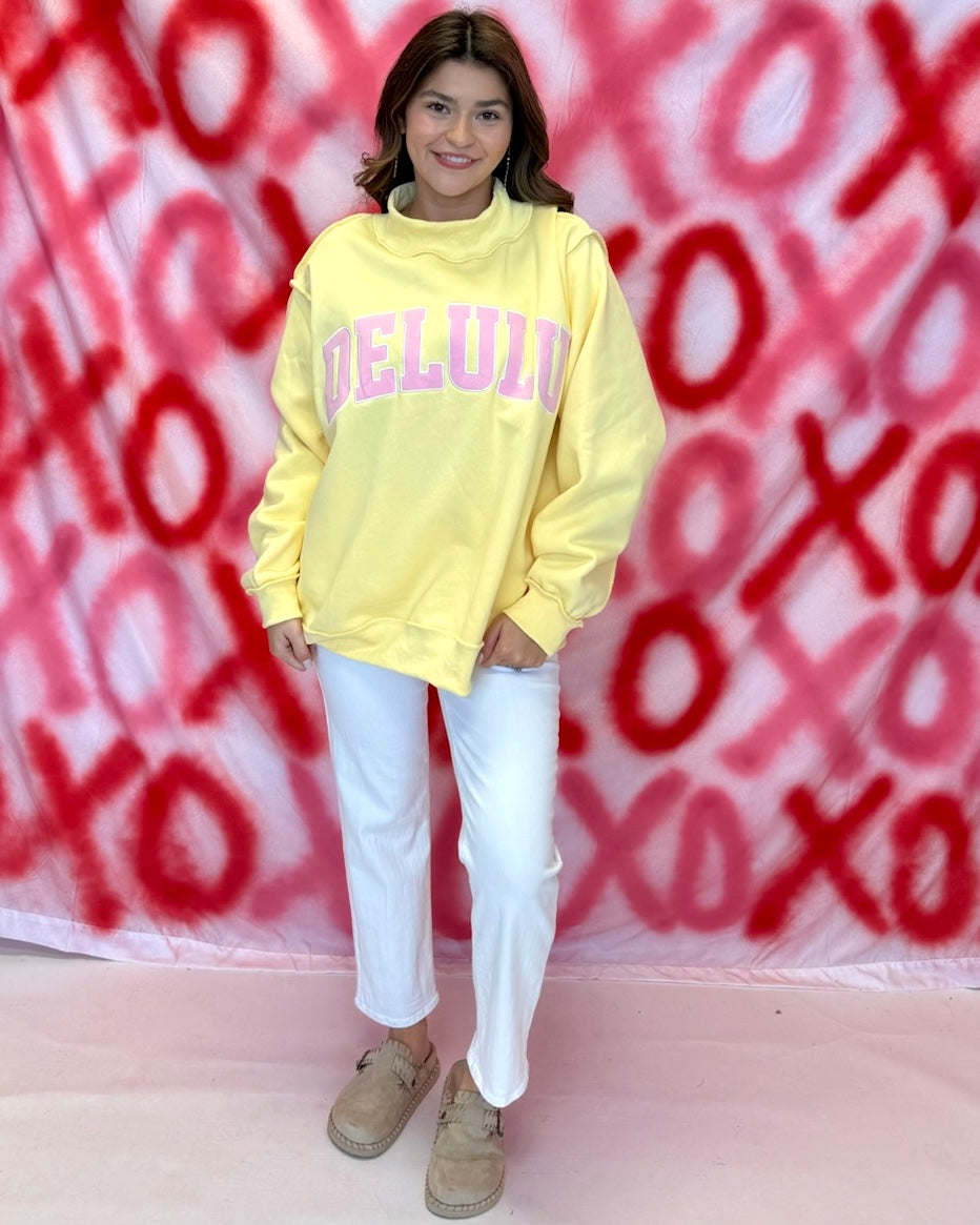 Butter Yellow “Delulu” Mock Neck Sweatshirt-Shop-Womens-Boutique-Clothing
