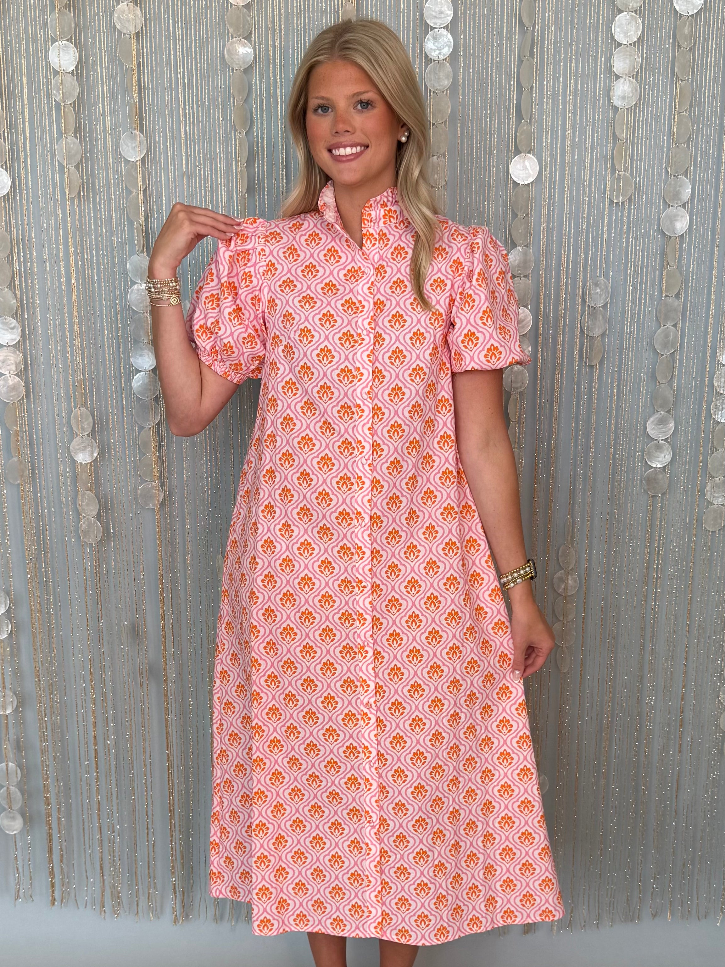 Envy You Pink/Orange Printed Midi Dress-Shop-Womens-Boutique-Clothing