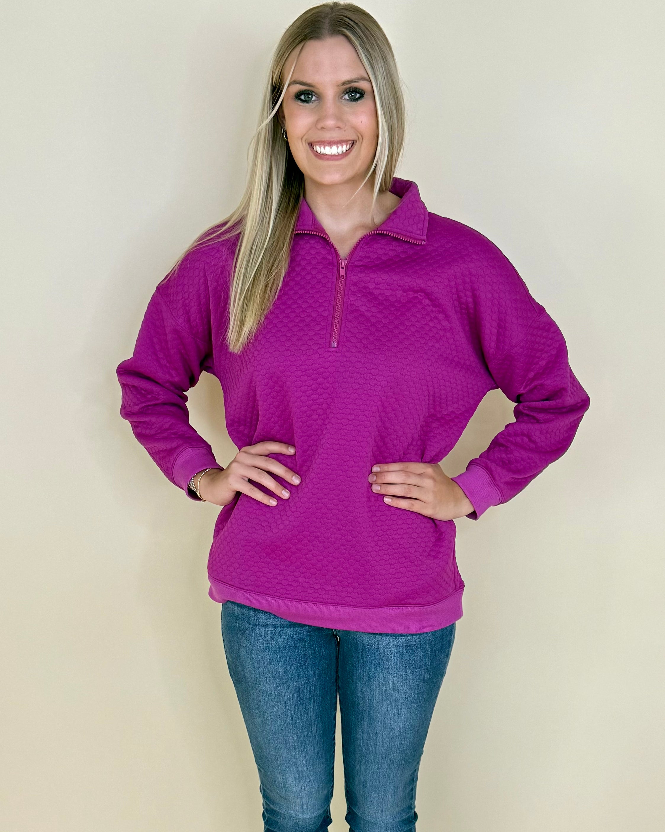 Easy Enough Magenta Half-Zip Top-Shop-Womens-Boutique-Clothing