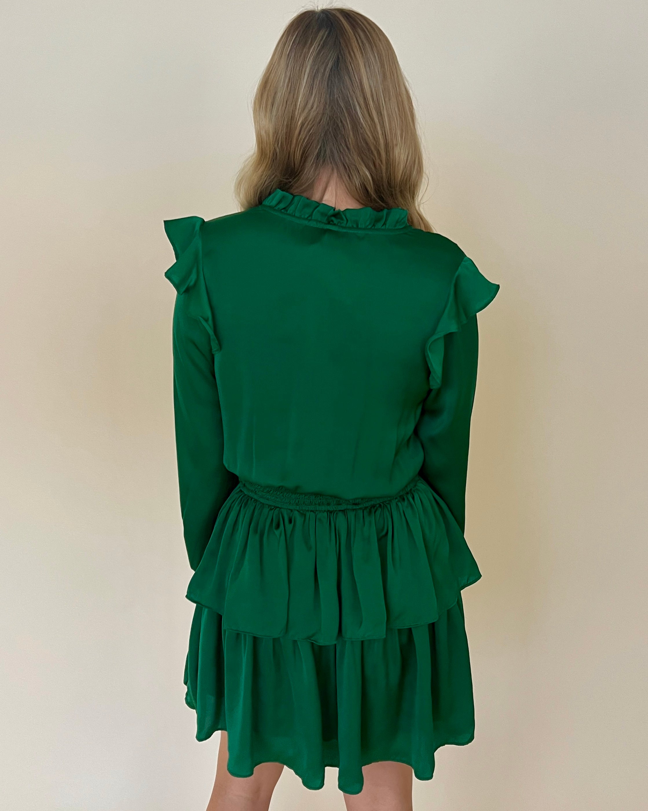 Fall Nights Hunter Green Satin Smocked Ruffle Dress-Shop-Womens-Boutique-Clothing