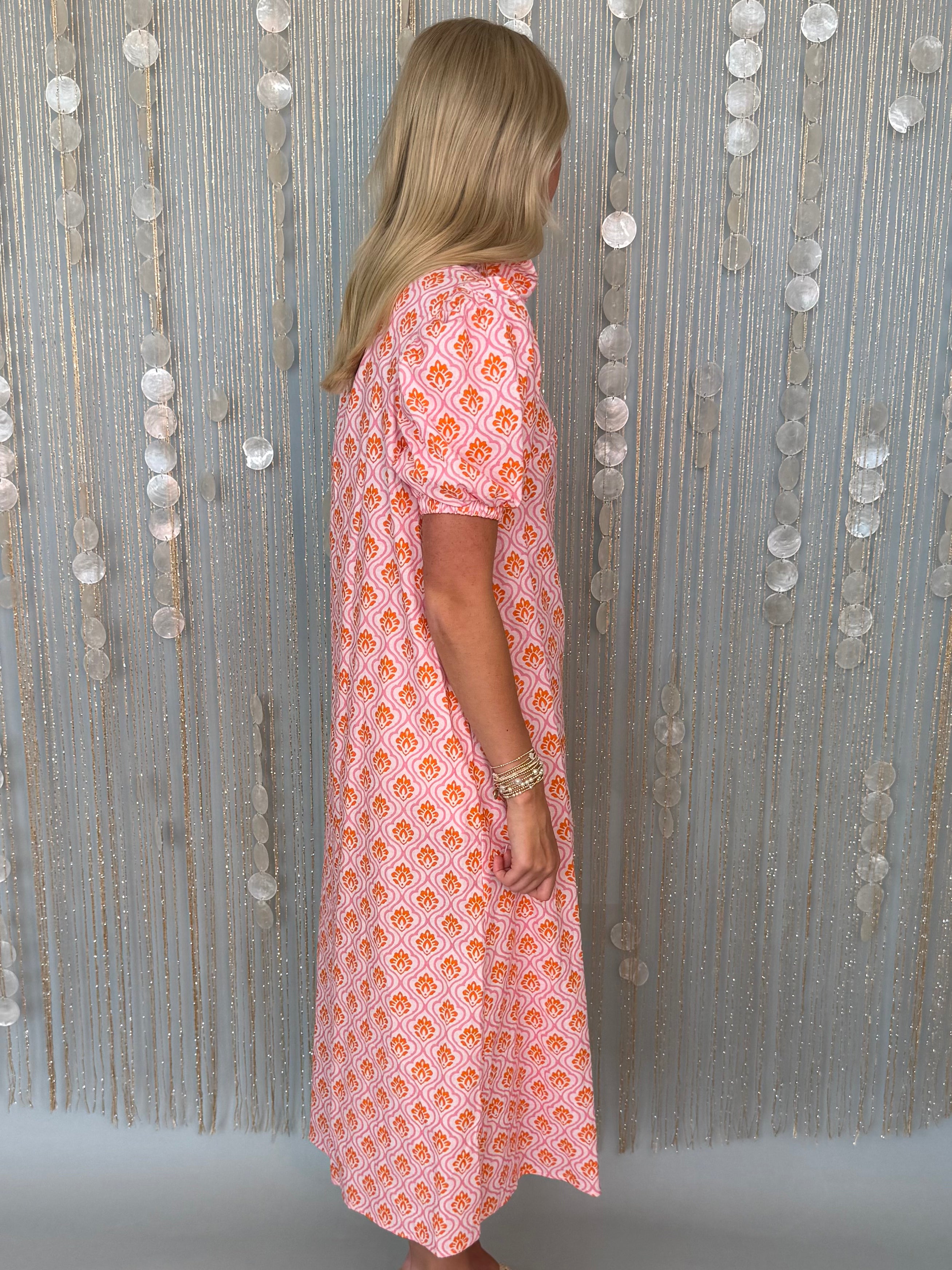 Envy You Pink/Orange Printed Midi Dress-Shop-Womens-Boutique-Clothing