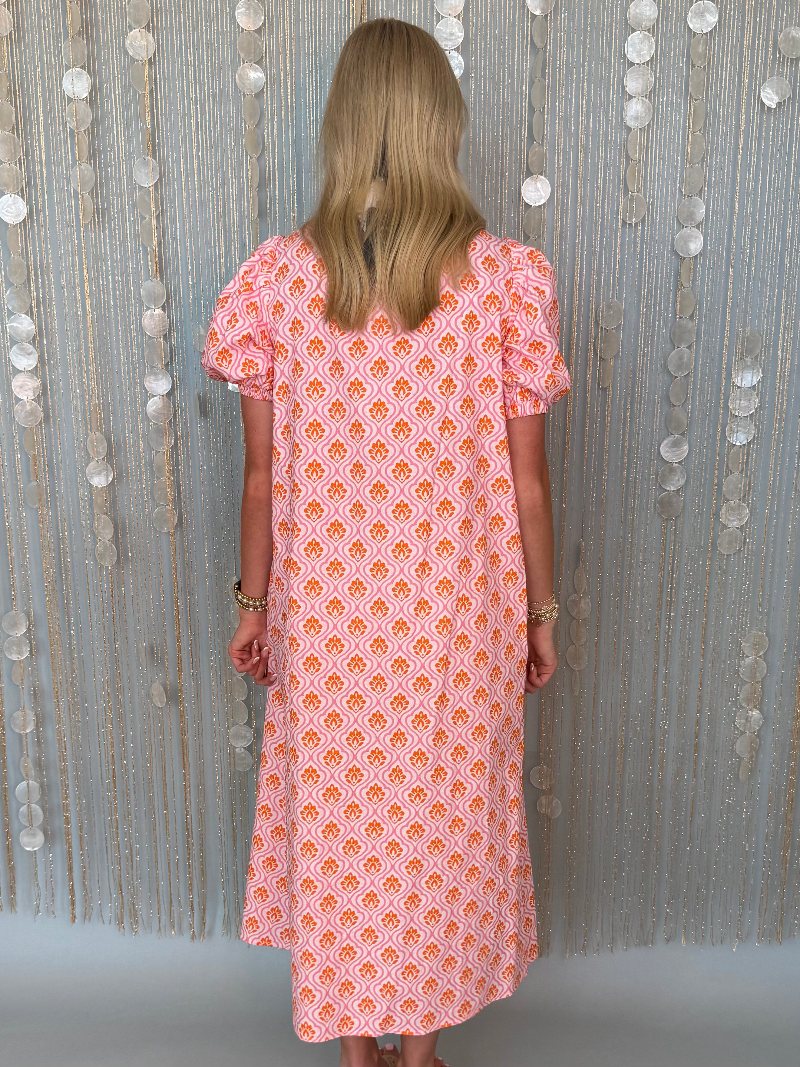 Envy You Pink/Orange Printed Midi Dress-Shop-Womens-Boutique-Clothing