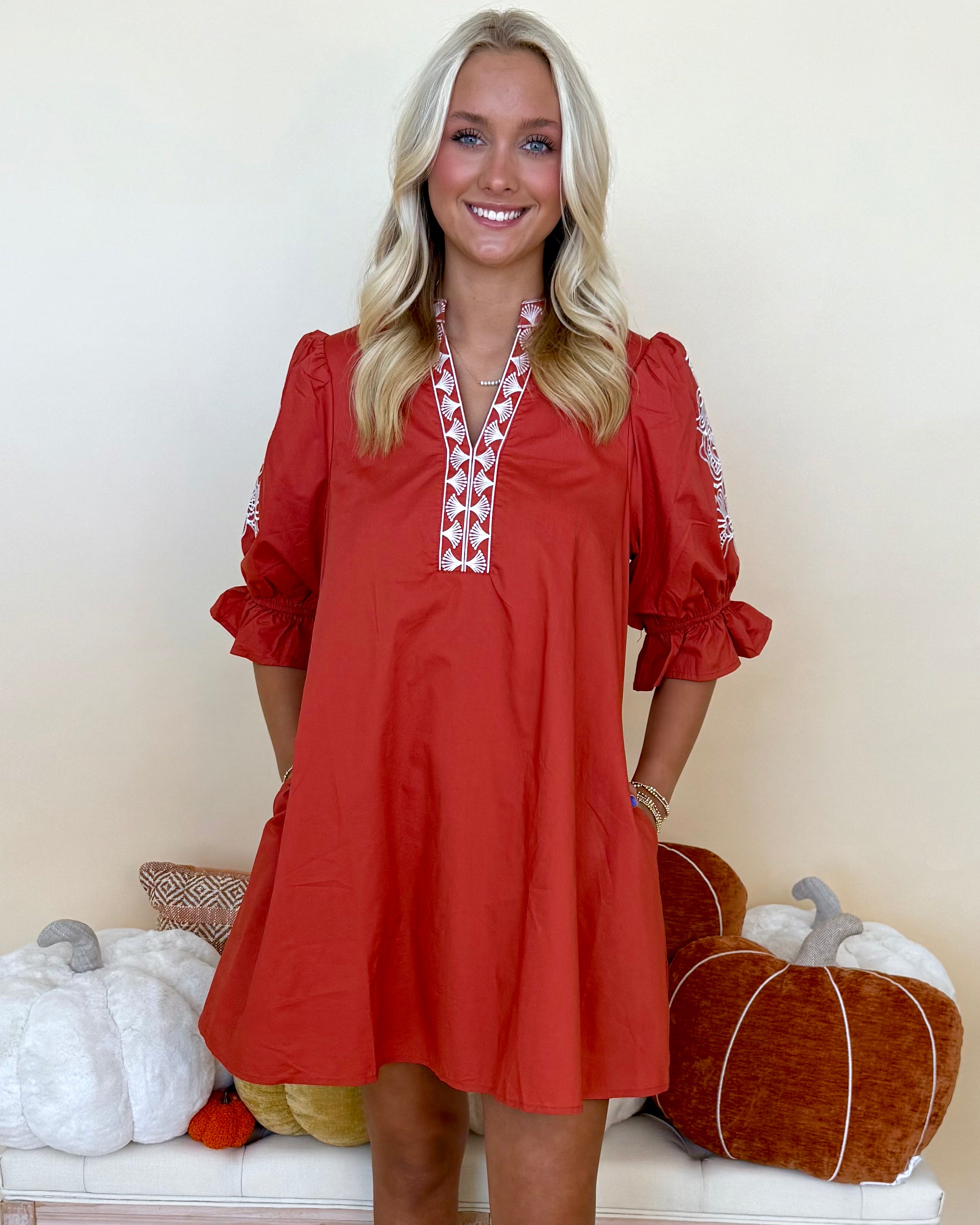 Threaded Grace Rust Floral Embroidered Dress-Shop-Womens-Boutique-Clothing