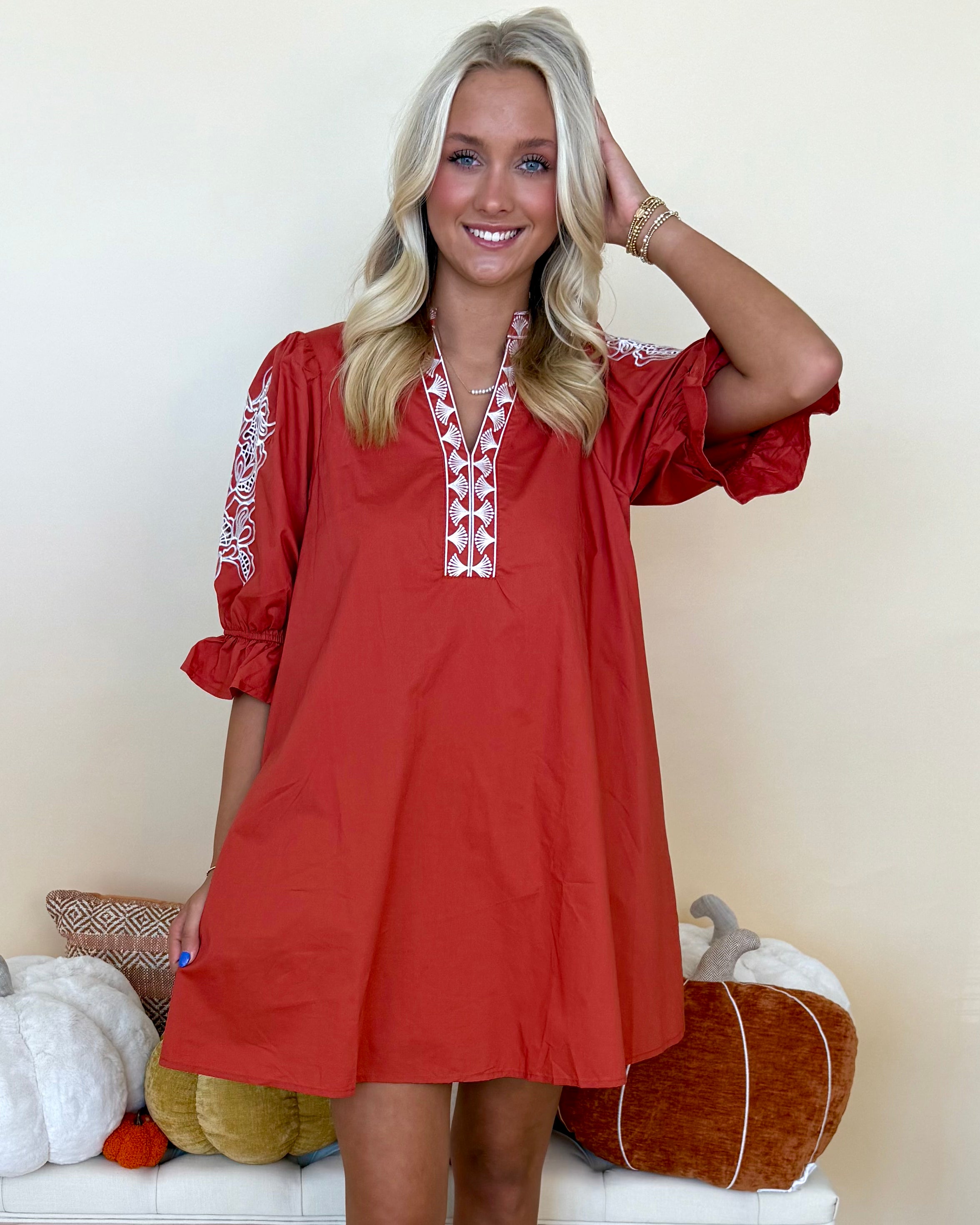 Threaded Grace Rust Floral Embroidered Dress-Shop-Womens-Boutique-Clothing