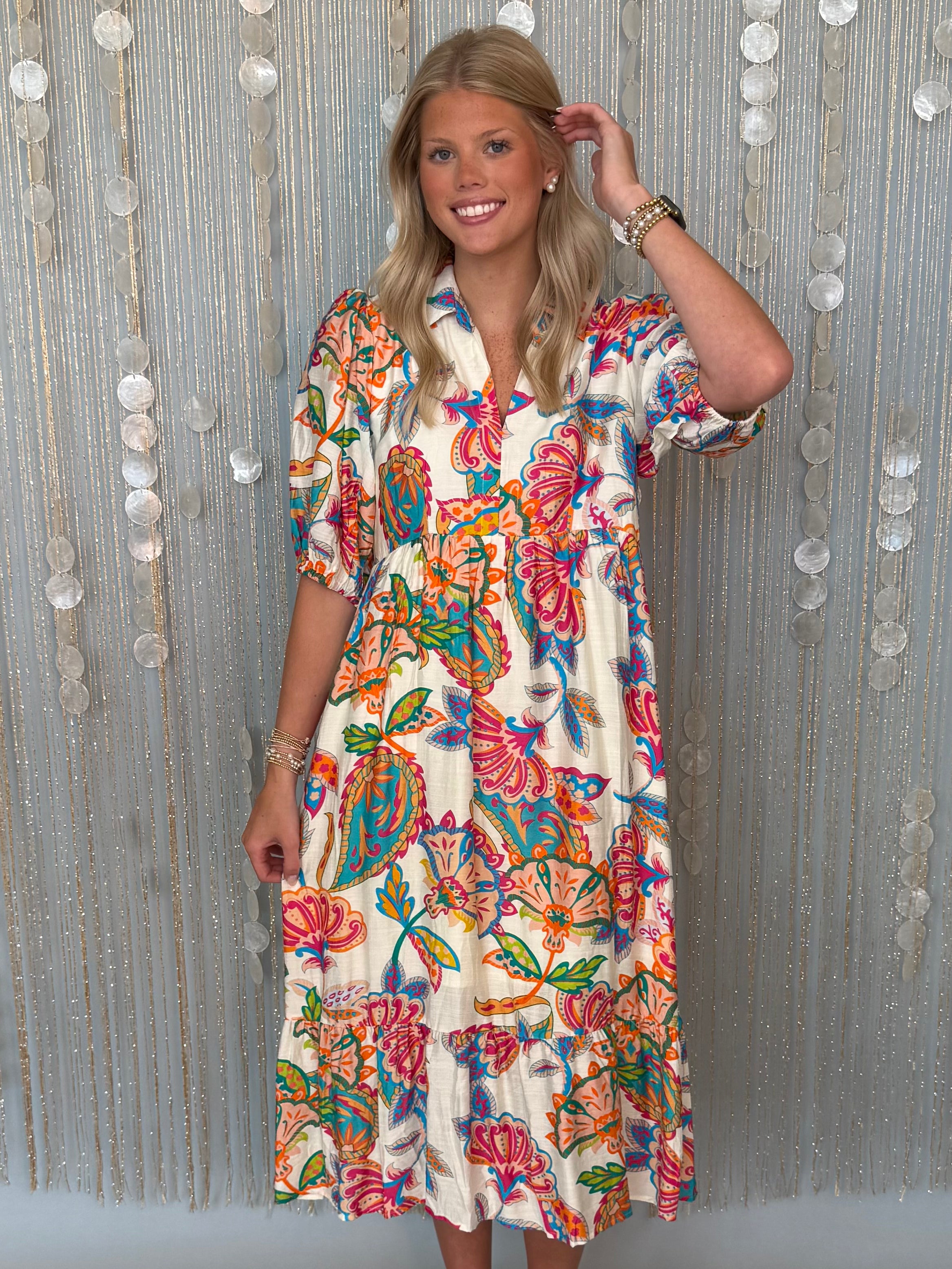 Meant For More Cream Mix Paisley Midi Dress Meant For More Cream Mix Paisley Midi Dress