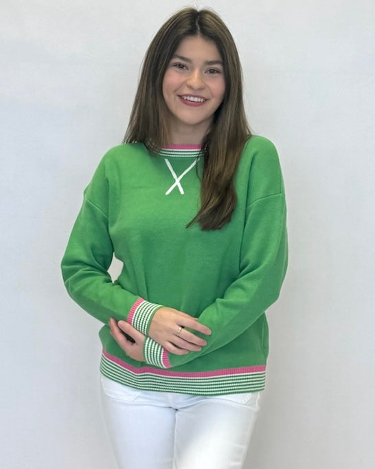 Simple Classic Green Striped Trim Sweater-Shop-Womens-Boutique-Clothing