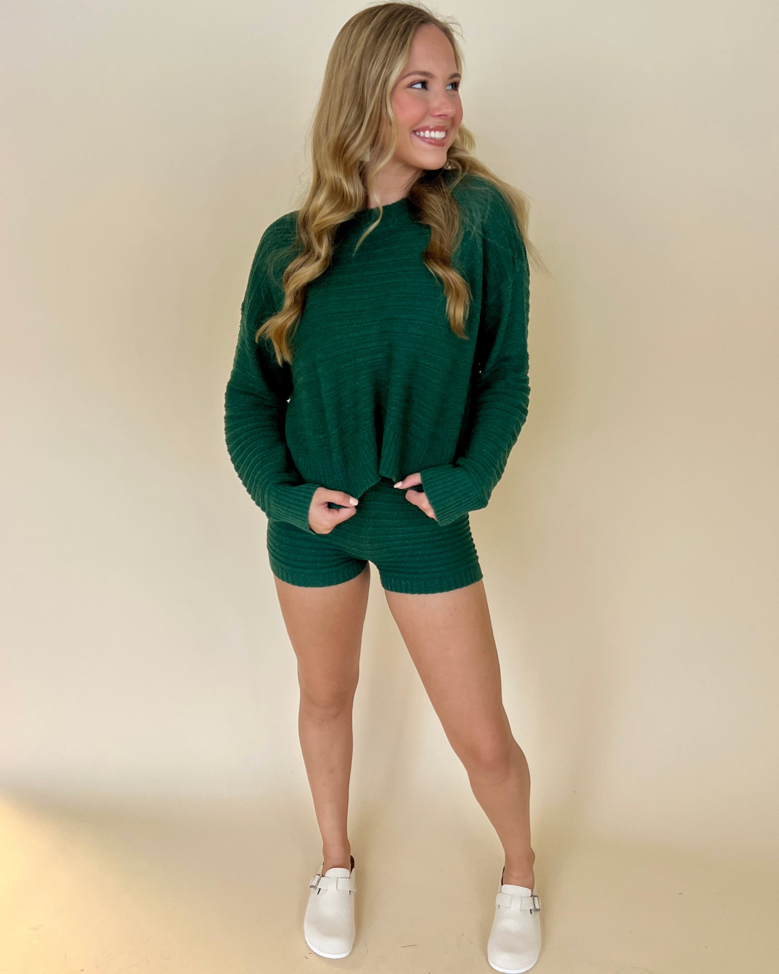Two Is A Party Hunter Green Ribbed Sweater and Shorts Set-Shop-Womens-Boutique-Clothing