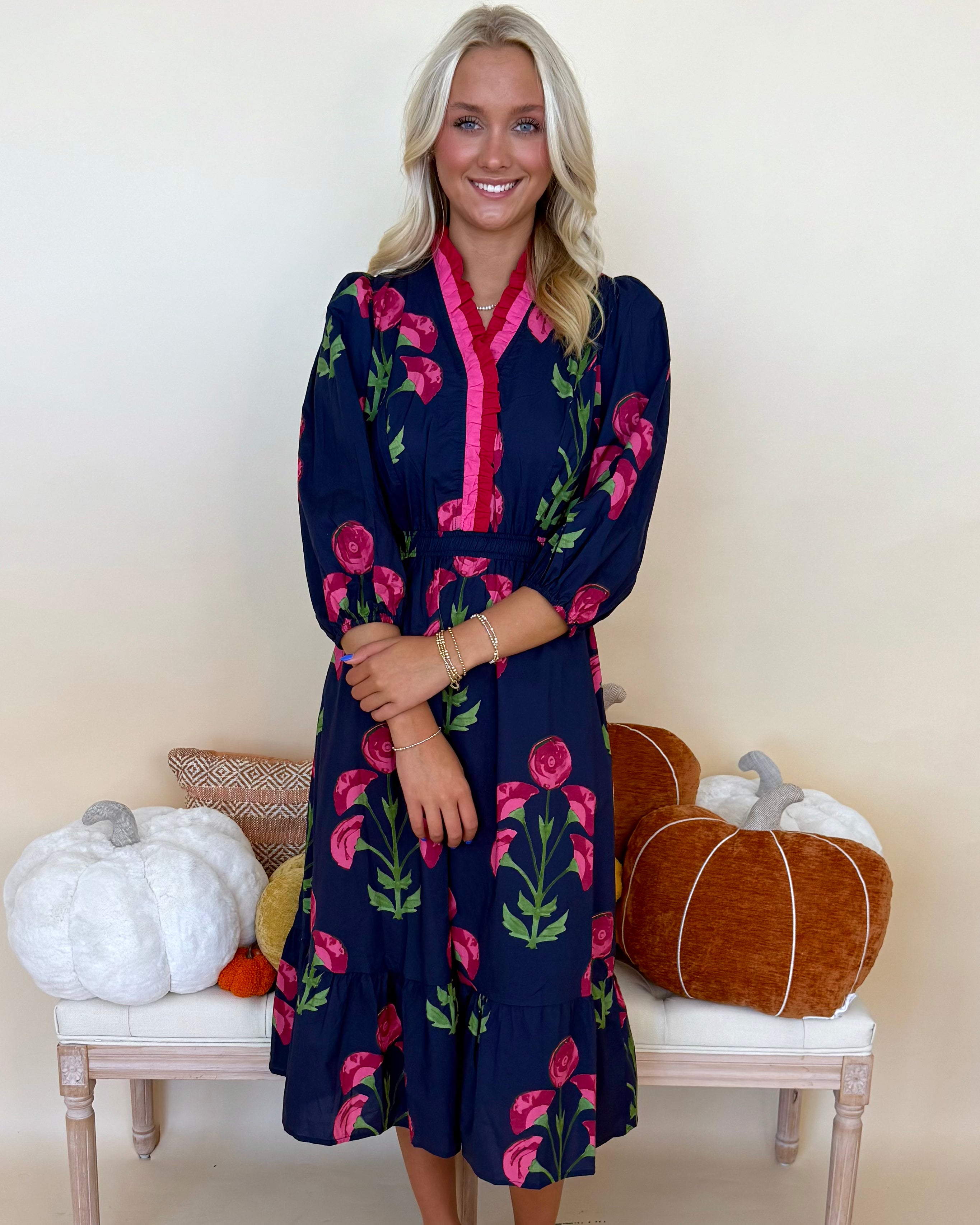 Warm Feels Navy Floral Print Midi Dress-Shop-Womens-Boutique-Clothing